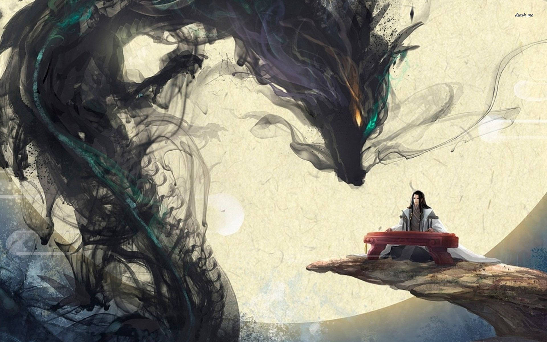 Japanese Dragon Pc 桌布 壁紙 — 一個孤獨的長袍人物在浮石上彈奏紅色古箏，一條巨大的墨龍在羊皮紙般的天空上盤旋。