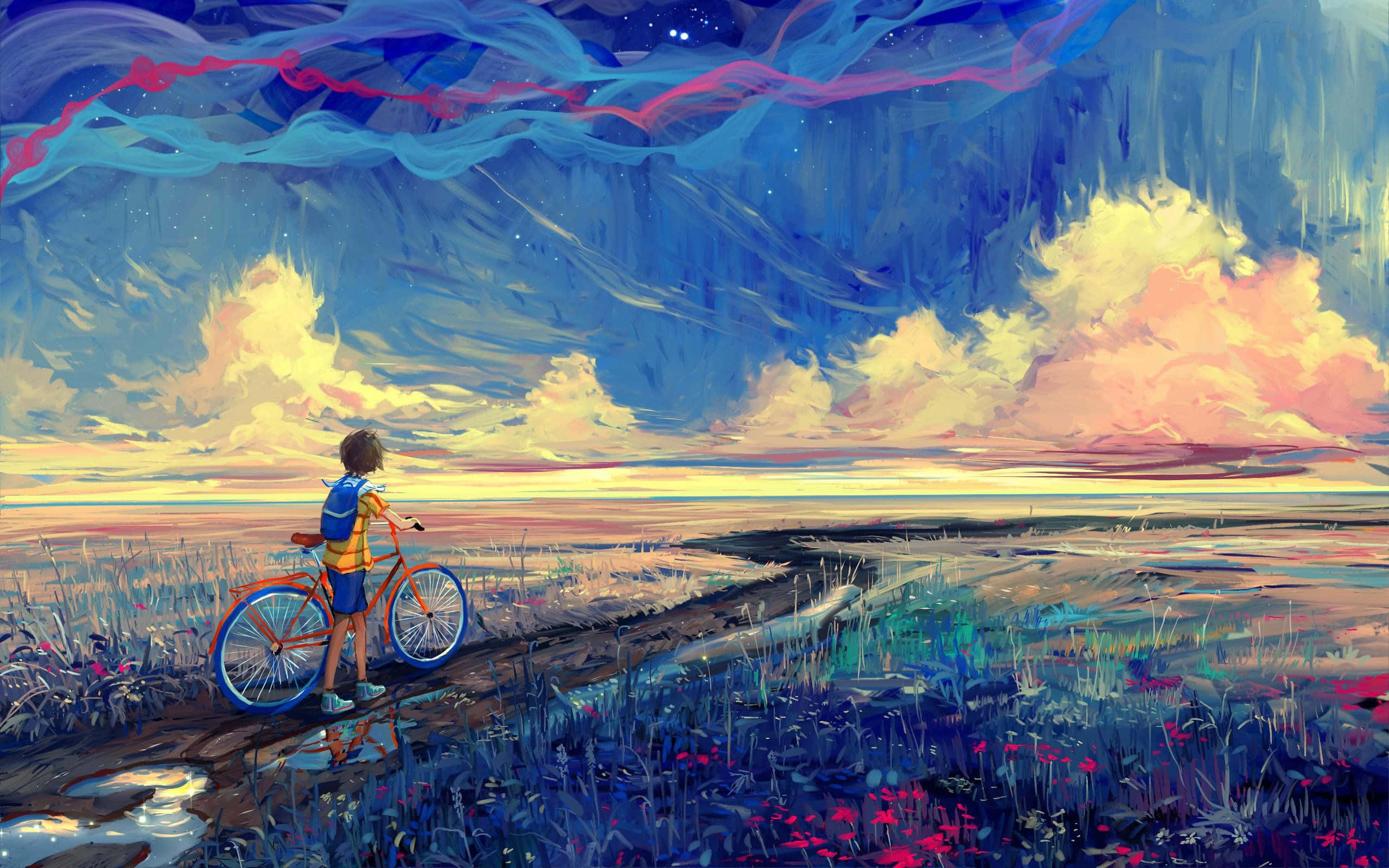 Impressionism 桌布 壁紙 — 一個孤獨的騎單車者背著背包在黃昏時分的泥濘小徑上停下來，凝視著由旋轉的藍色、粉紅色和金色繪製的超現實天空。