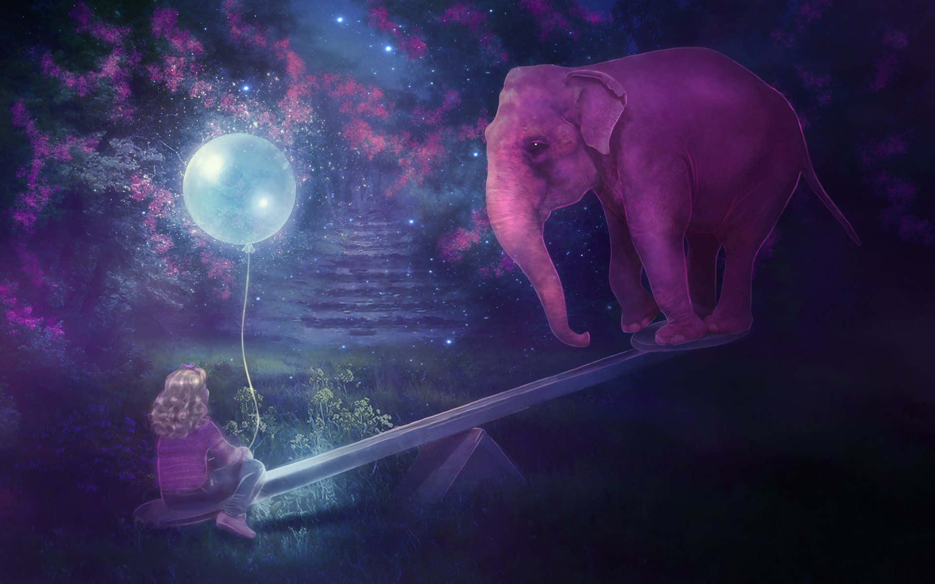 Pink Elephant 桌布 壁紙 — 一個孩子和一隻巨大的紫色大象在充滿星星的宇宙天空下，在一個蹺蹺板上保持平衡，旁邊有一個發光的氣球。