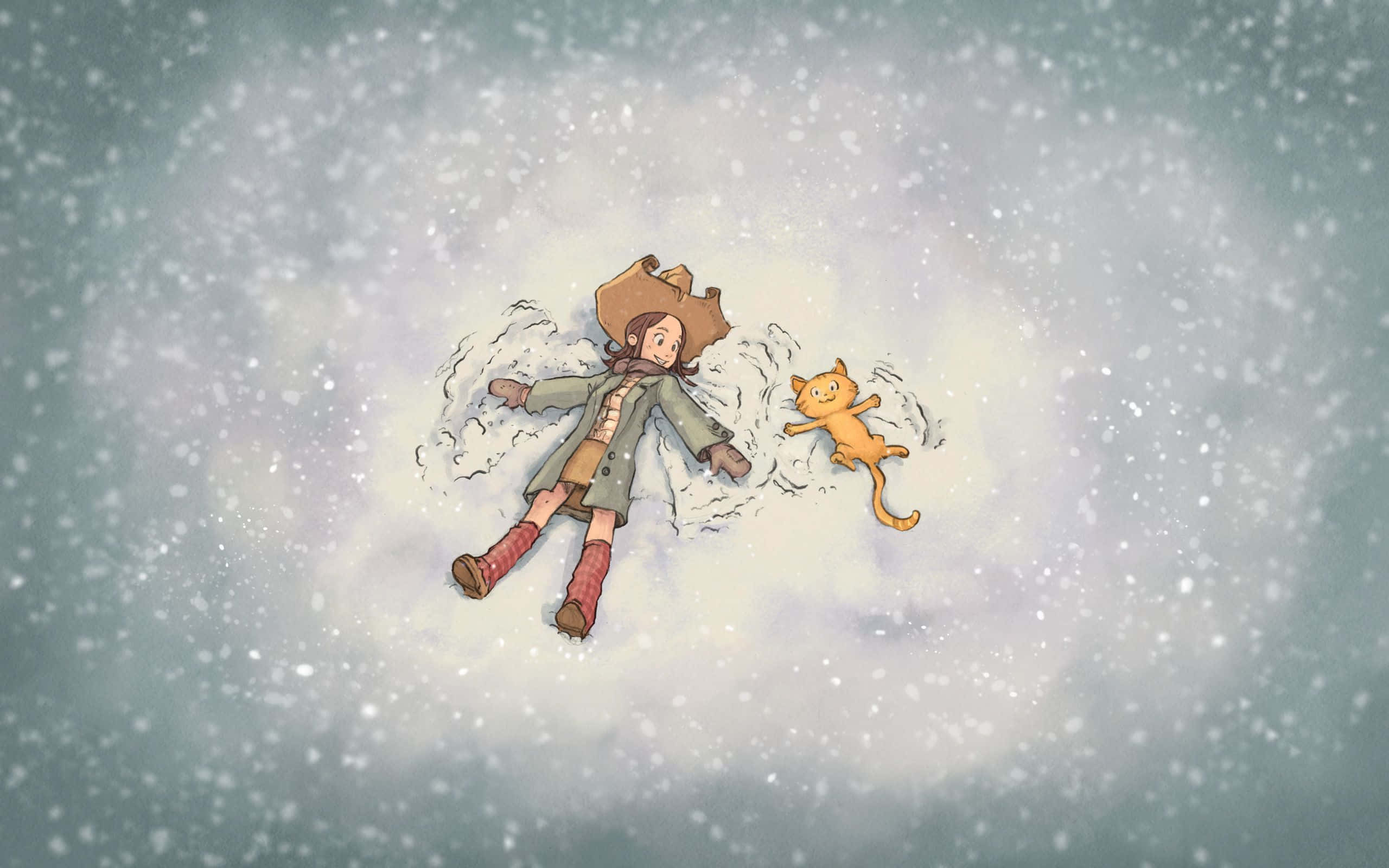 Snow Angel 桌布 壁紙 — 一個孩子和一隻橙色貓咪在柔和的灰色天空下，在輕柔的雪中製作雪天使。