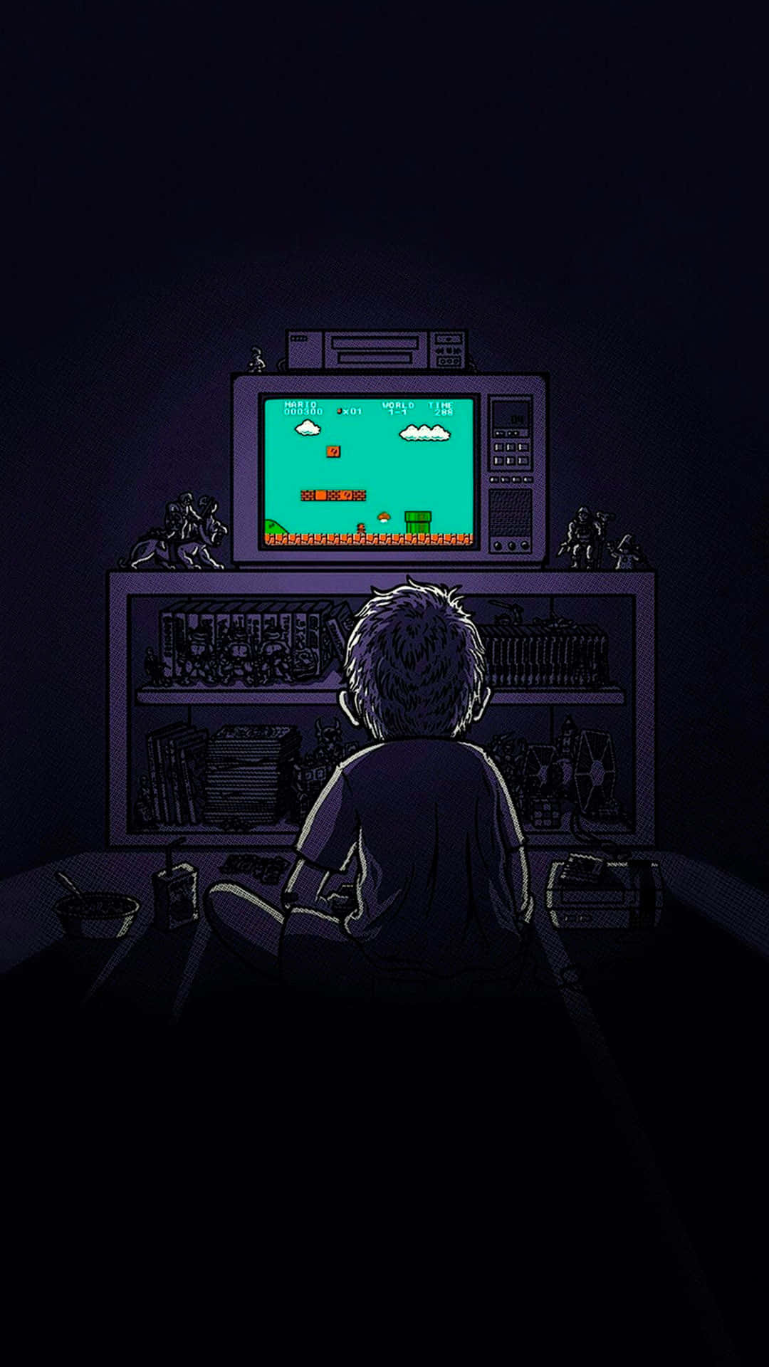 Retro Gaming 桌布 壁紙 — 一個孩子坐在黑暗中，在一台帶有發光綠色像素的復古電視上玩復古電子遊戲。