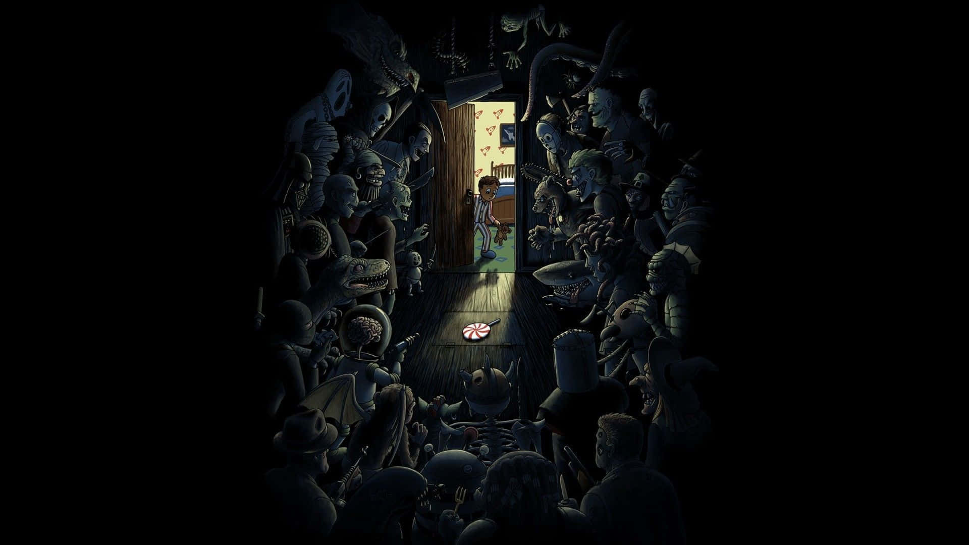 Dark Room 桌布 壁紙 — 一個孩子獨自站在昏暗的走廊中，被從黑暗中伸出的怪誕陰影生物包圍。