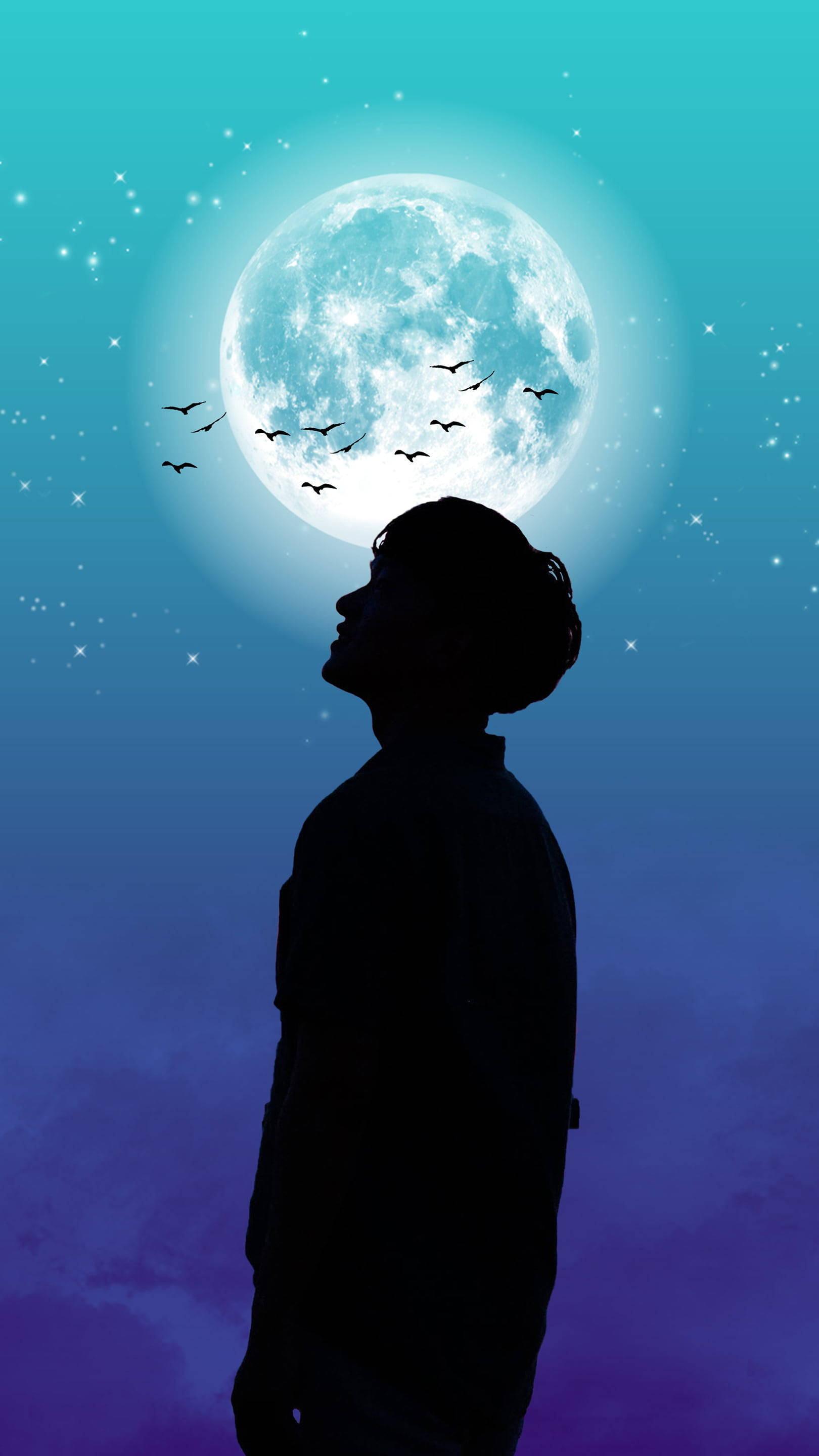 Boy 桌布 壁紙 — 一個孩子的剪影仰望發光的滿月，鳥兒在繁星點點的暮色天空中飛翔。