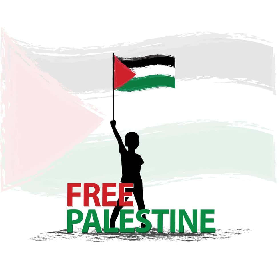 Palestine 桌布 壁紙 — 一個孩子的剪影在繪有粗體「FREE PALESTINE」文字的背景下舉起巴勒斯坦國旗。