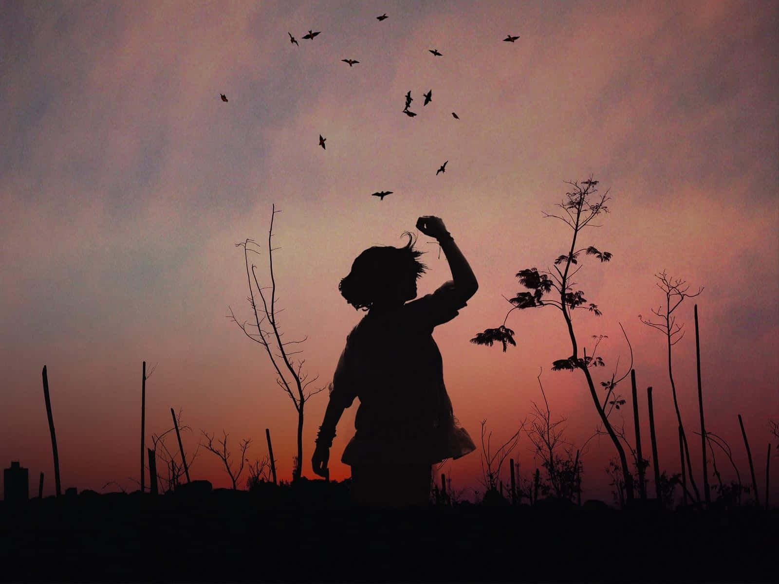 Sunset Silhouette 桌布 壁紙 — 一個孩子的剪影將鳥兒釋放到塗有柔和粉紅色和橙色色調的暮色天空中。