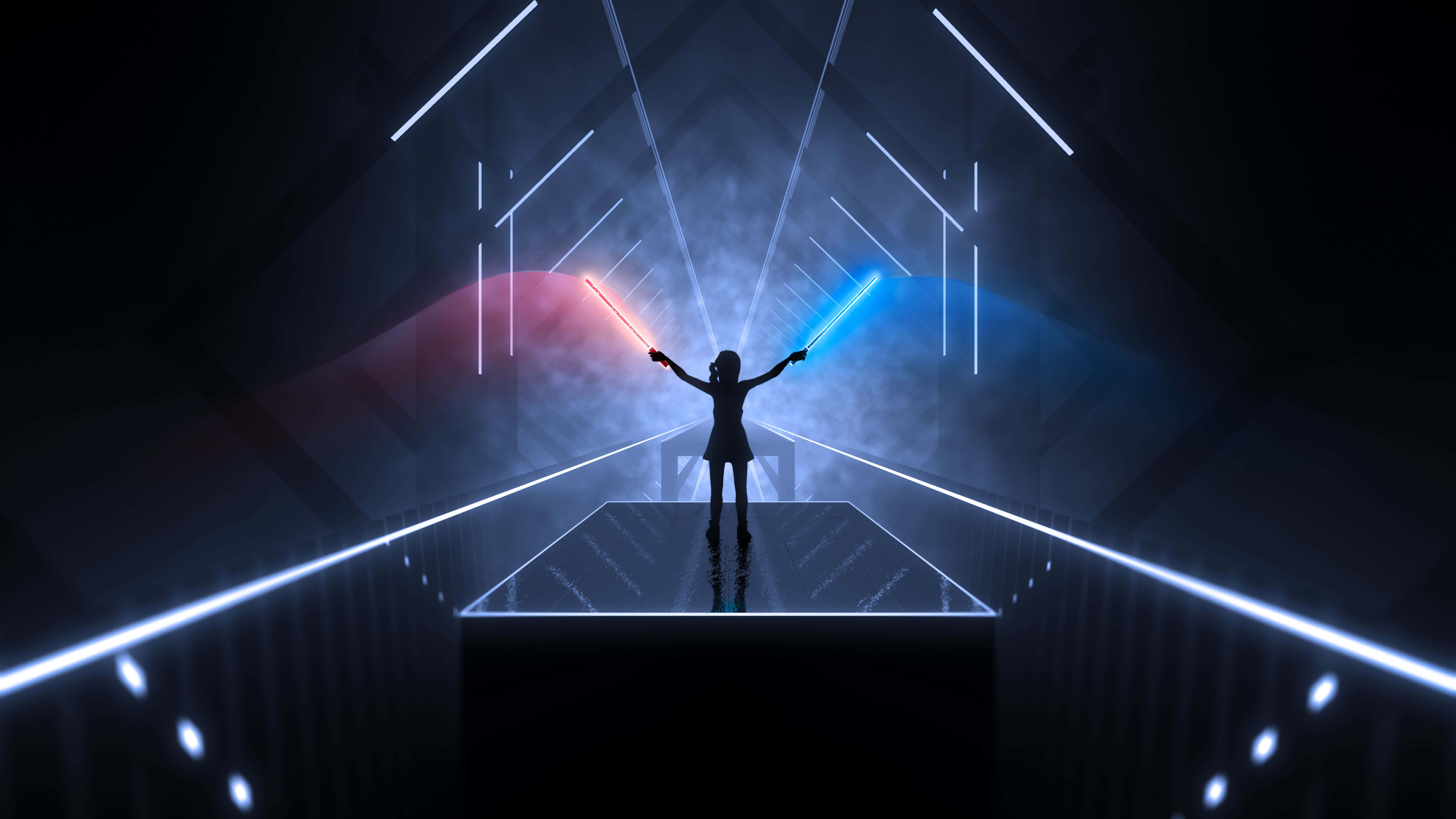 Vr Games 桌布 壁紙 — 一個孩子的剪影站在發光的平台上，在未來主義的走廊中揮舞著紅色和藍色的光劍。