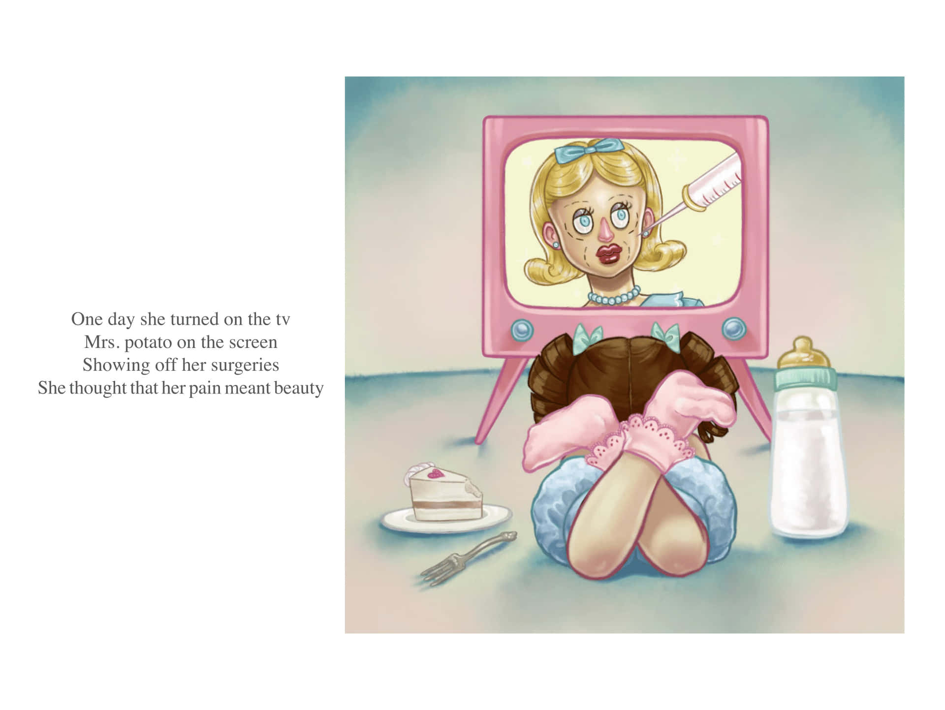 Melanie Martinez 桌布 壁紙 — 一個孩子蜷縮在地上看電視，屏幕上顯示一個拿著注射器的卡通女人。