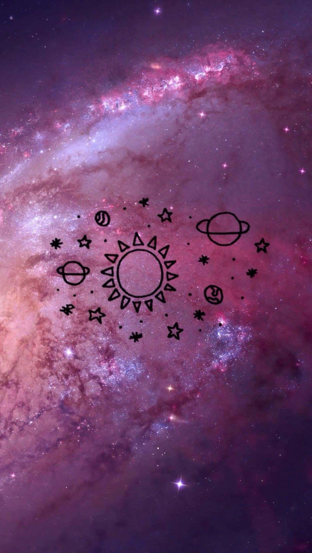 美學 iPad 壁紙 桌布 壁紙 — 一個宇宙主題的壁紙，以充滿活力的紫色銀河為背景，帶有太陽、月亮、行星和星星的黑色線條藝術。