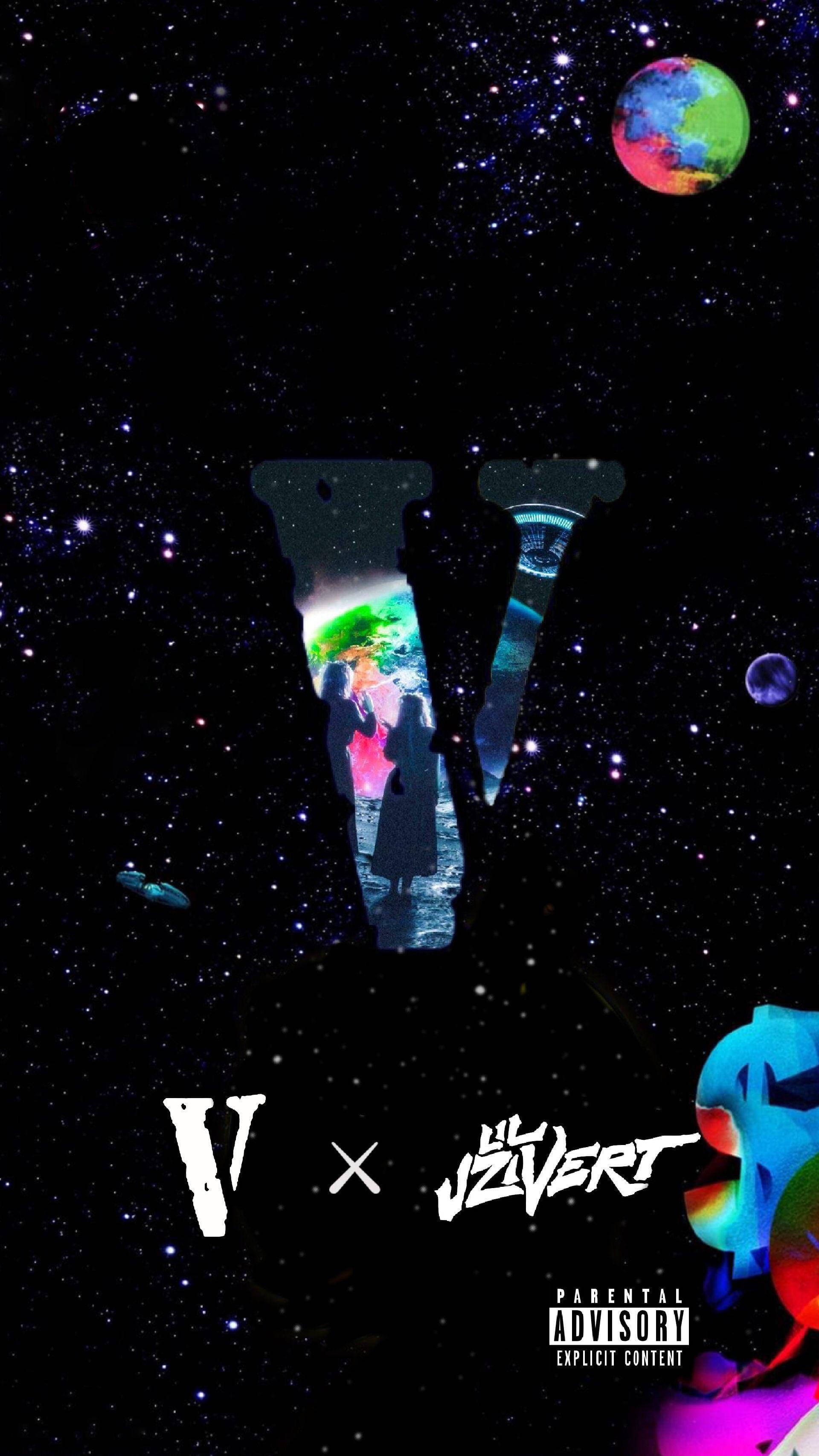 Vlone 桌布 壁紙 — 一個宇宙主題的牆紙，有一個巨大的風格化V形剪影，手持一個發光的行星，背景是星空，有漂浮的彩色球體和一個家長指引標籤。