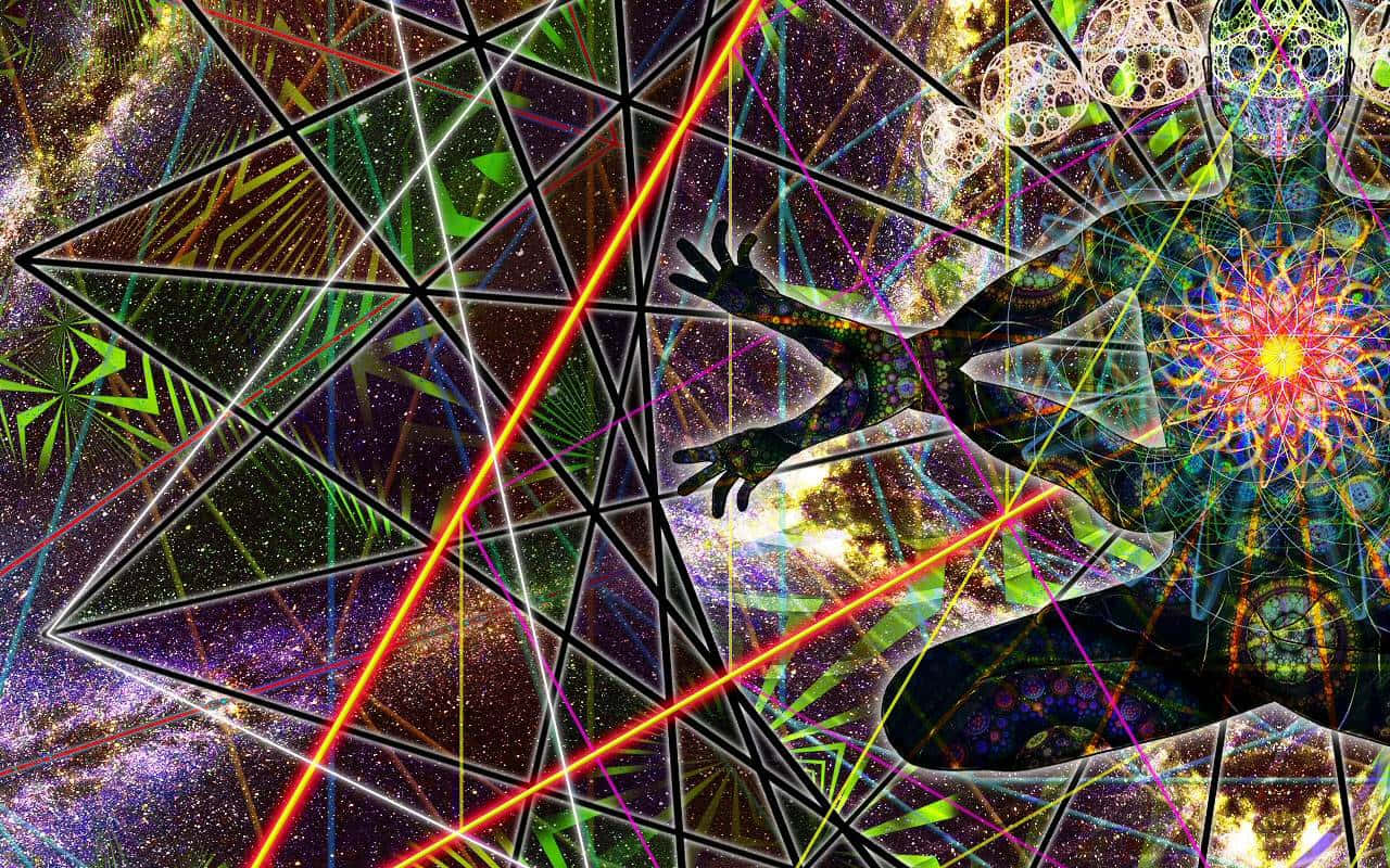 Tripping 桌布 壁紙 — 一個宇宙剪影，人物穿過發光的幾何分形和星雲，呈現鮮豔的霓虹色彩。