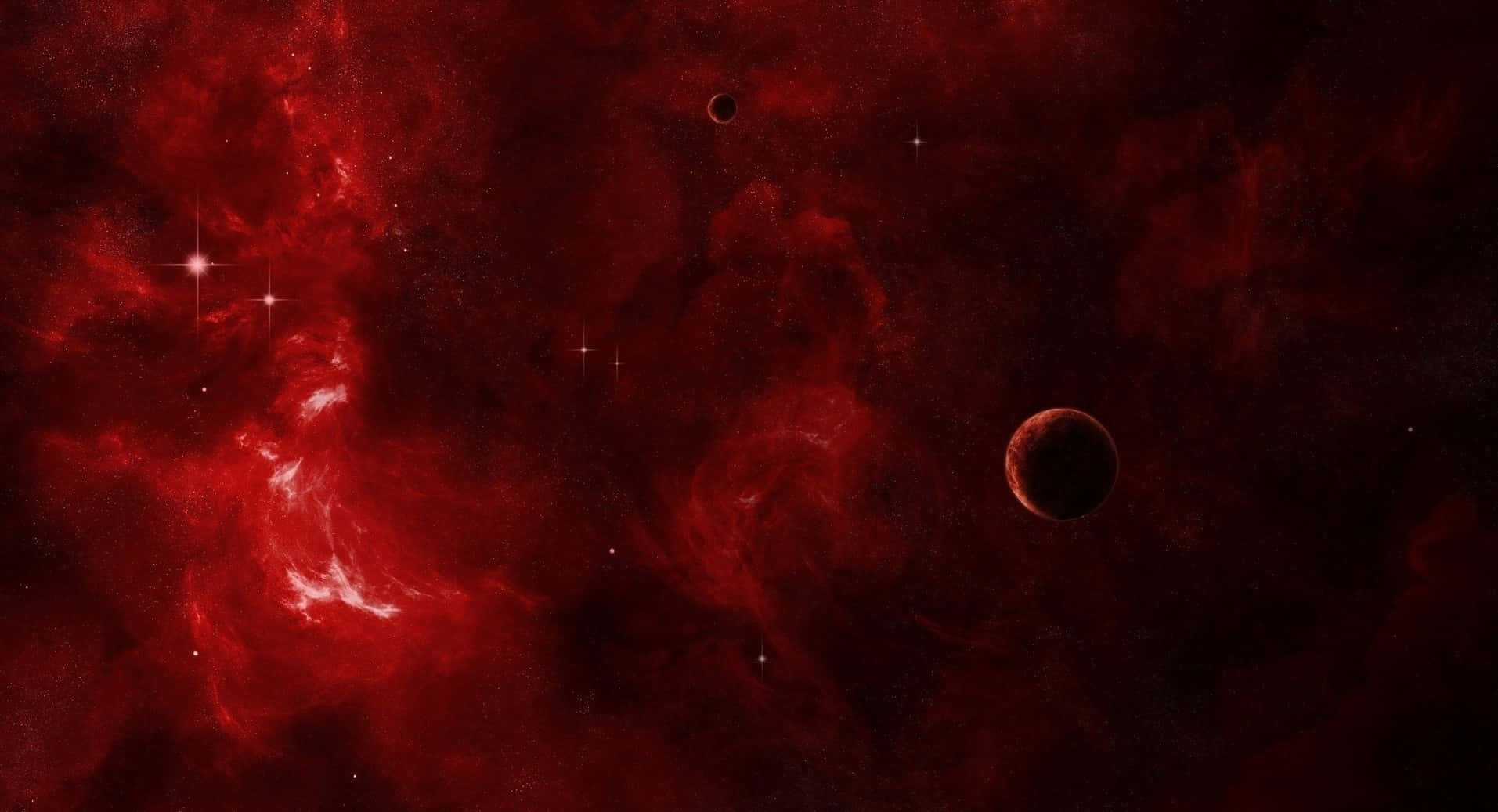 Red Space 桌布 壁紙 — 一個宇宙場景，以旋轉的深紅色星雲為主，有發光的星星和兩顆在深空中漂流的黑暗行星。