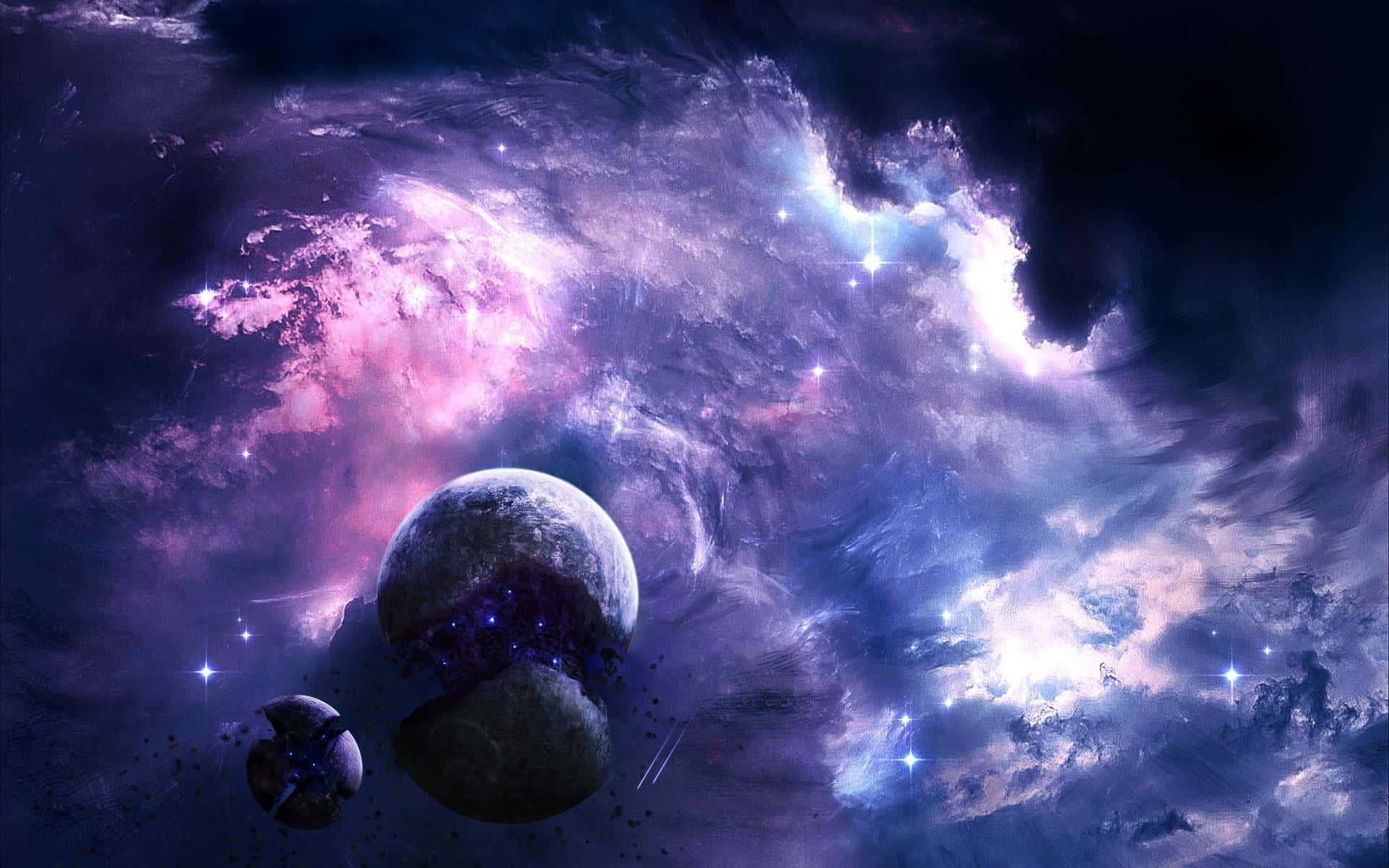 3d Galaxy 桌布 壁紙 — 一個宇宙場景，兩顆行星漂浮在點綴著明亮恆星的旋轉紫色和藍色星雲中。