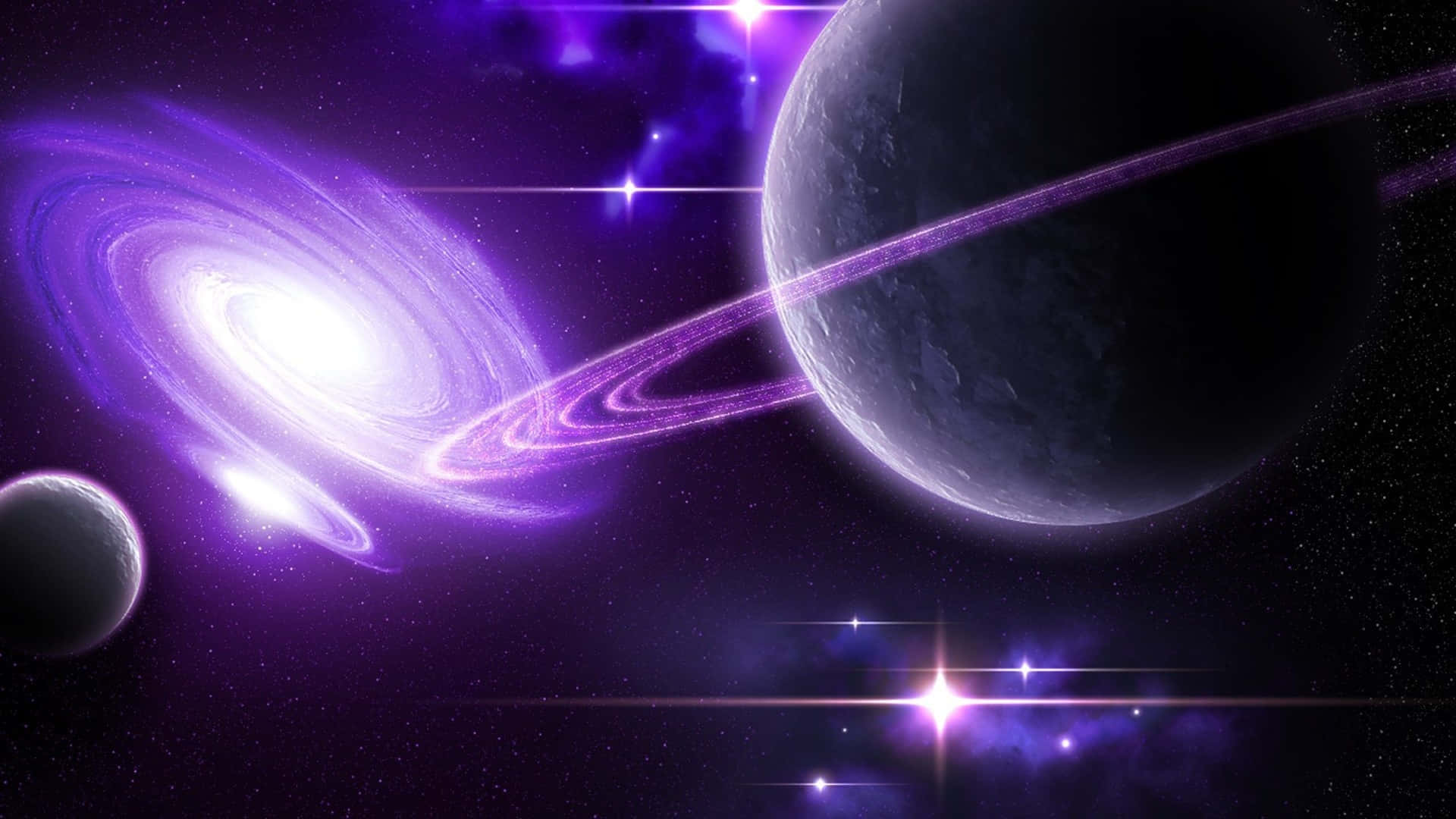 紫色銀河 桌布 壁紙 — 一個宇宙場景，包含一個發光的紫色螺旋星系和一個帶有光環的大型行星，背景是繁星點點的夜空。