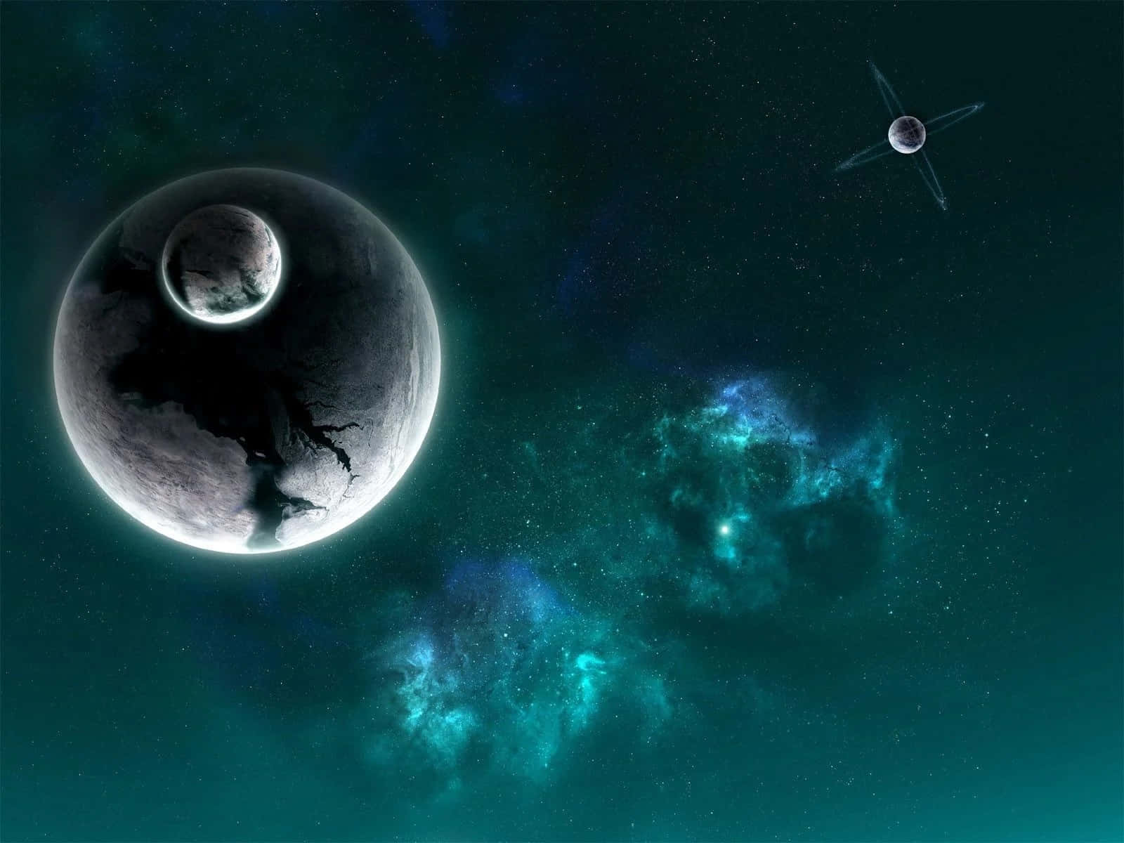 Death Star Ii 桌布 壁紙 — 一個宇宙場景，包含一顆大行星和一顆較小的衛星繞其運行，背景是繁星點點的青色星雲和遙遠的太空船。
