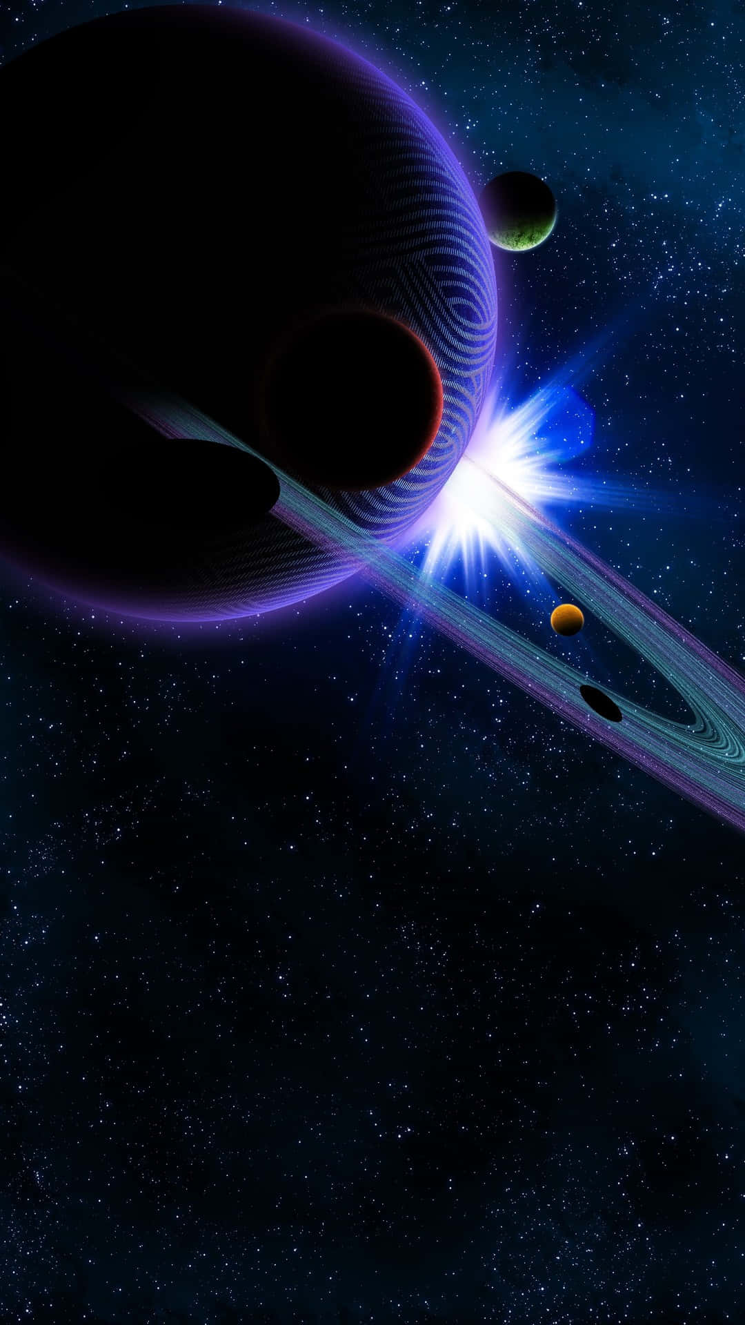 土星 桌布 壁紙 — 一個宇宙場景，包含一顆帶有發光環的巨大行星，以及一個明亮的星爆，照亮了星場中的較小衛星。