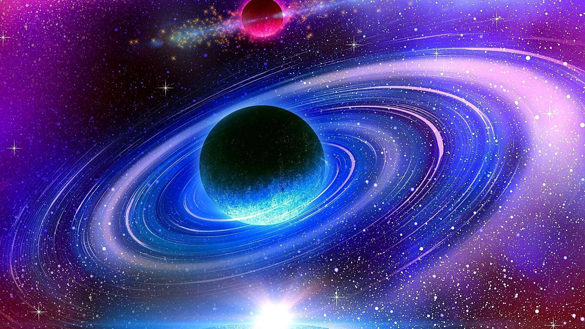 銀河 桌布 壁紙 — 一個宇宙場景，包含一顆帶有發光藍色環的黑暗行星，周圍環繞著旋轉的紫色和藍色星雲以及遙遠的星星。