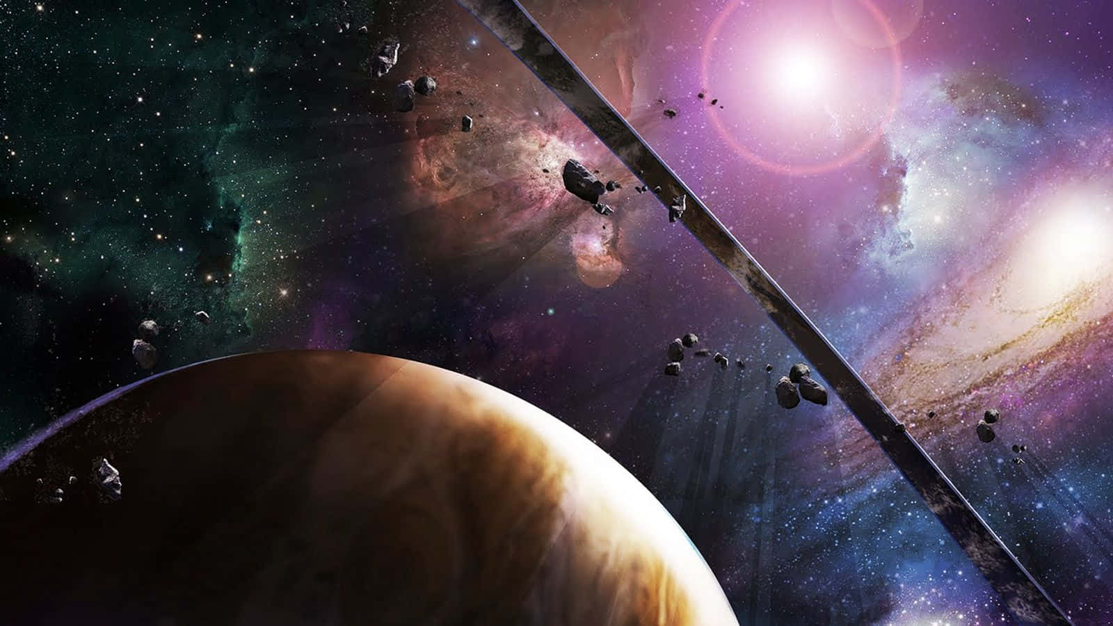 Halo Ring 桌布 壁紙 — 一個宇宙場景，包含行星、小行星帶和發光星雲，下方有一顆璀璨的恆星。