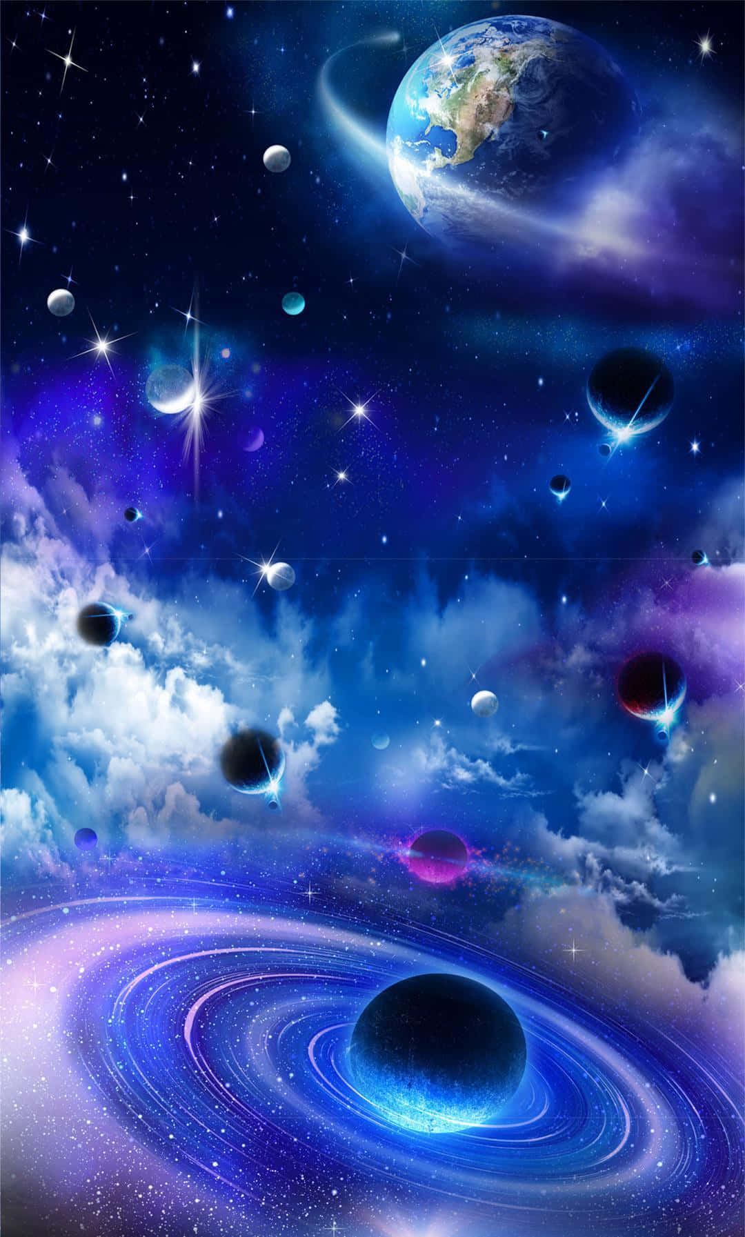 3d Galaxy 桌布 壁紙 — 一個宇宙場景，地球漂浮在星星、星雲和一個被旋轉藍色環包圍的發光黑洞之間。