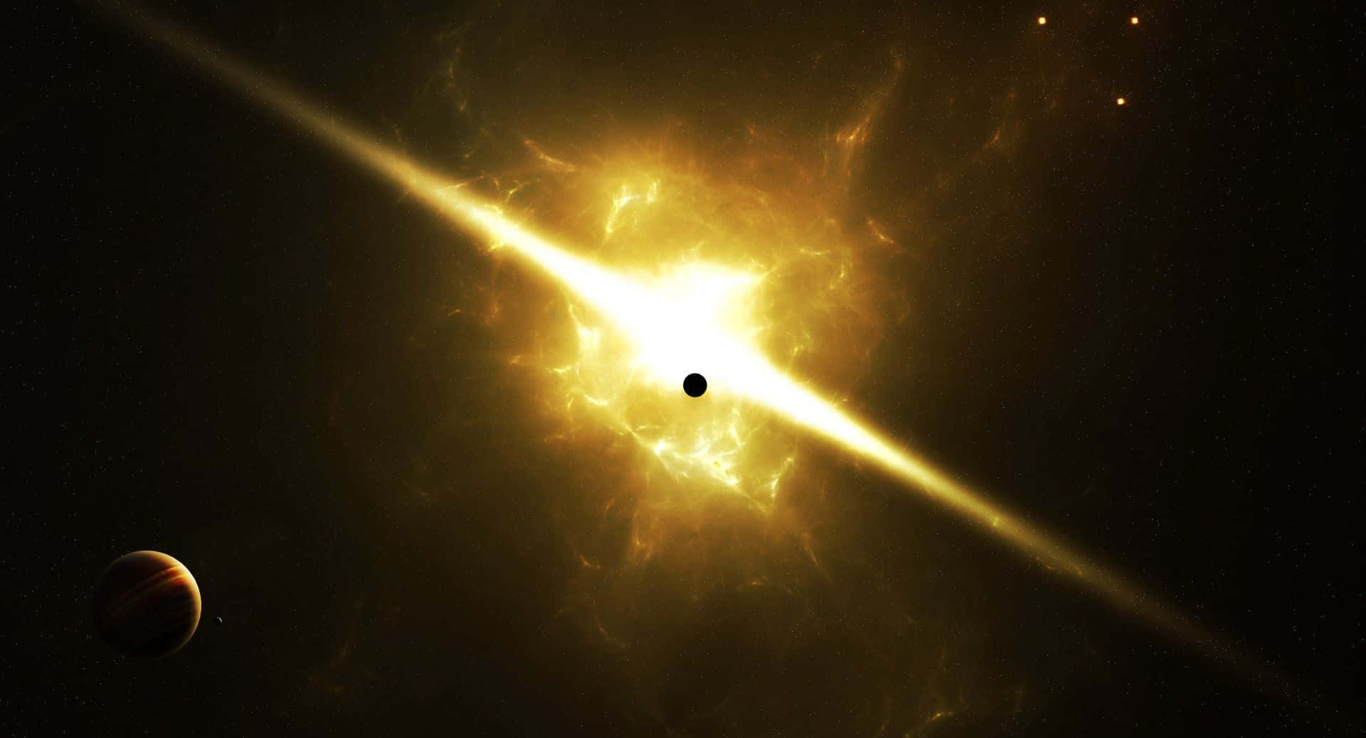 Supernova Explosion 桌布 壁紙 — 一個宇宙場景，展示一個明亮的吸積盤圍繞著一個黑洞，附近有一顆行星在繁星點點的虛空中運行。