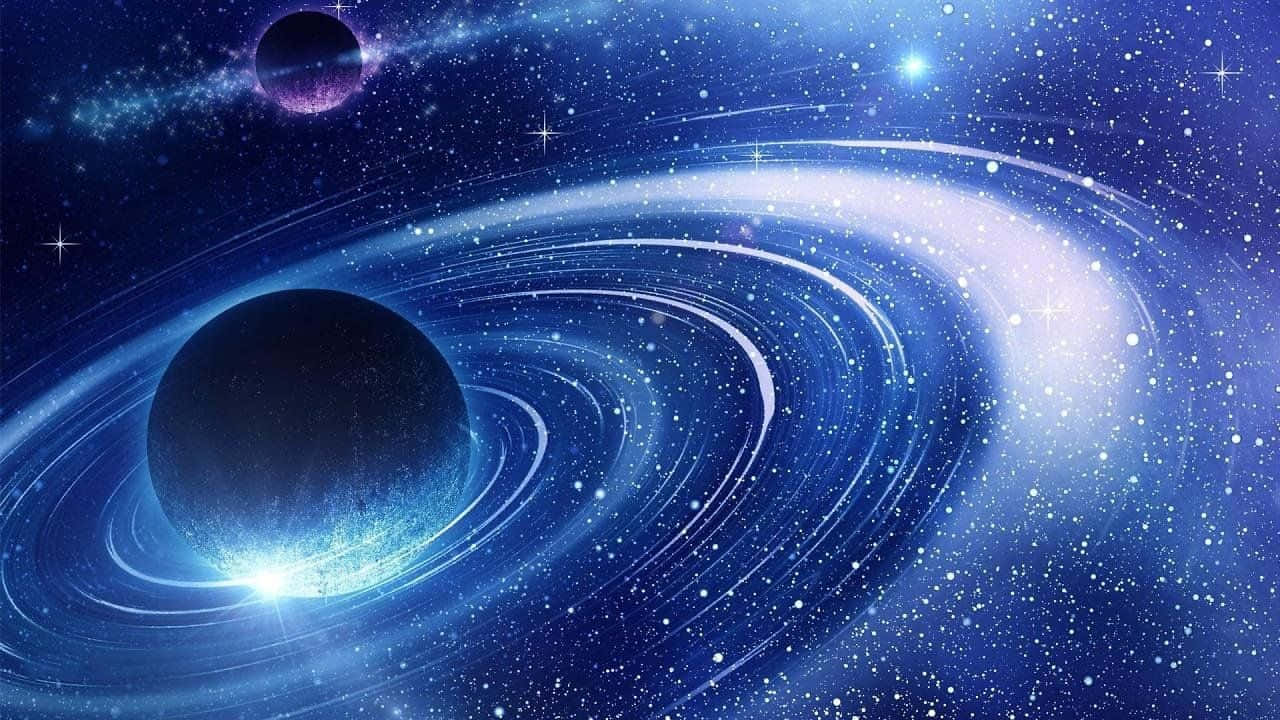 Universe 桌布 壁紙 — 一個宇宙場景，展示一顆發光的藍色行星，周圍環繞著旋轉的環和星星，背景中有一顆遙遠的紫色行星。