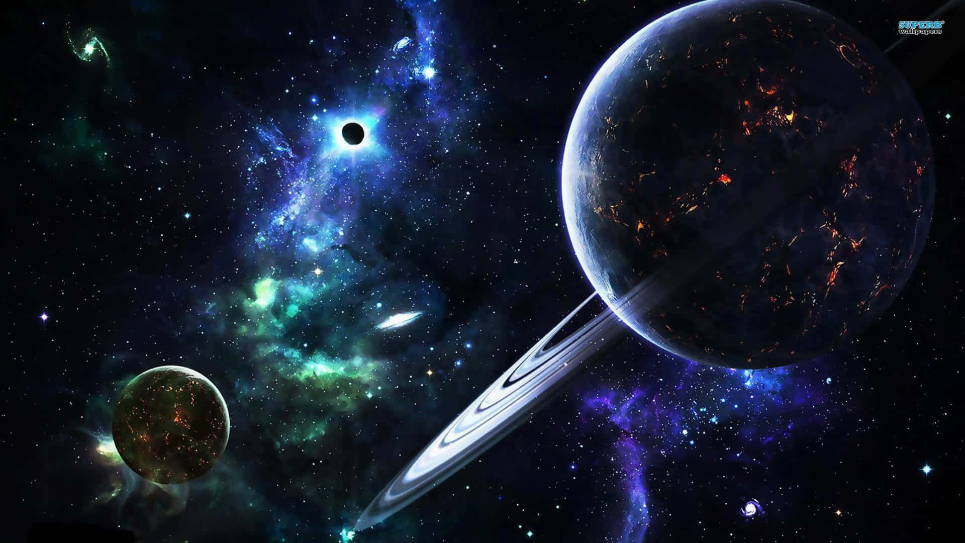 3d Galaxy 桌布 壁紙 — 一個宇宙場景，展示了一顆帶環的行星，表面有發光的噴發，背景是充滿活力的星雲和遙遠的星星。
