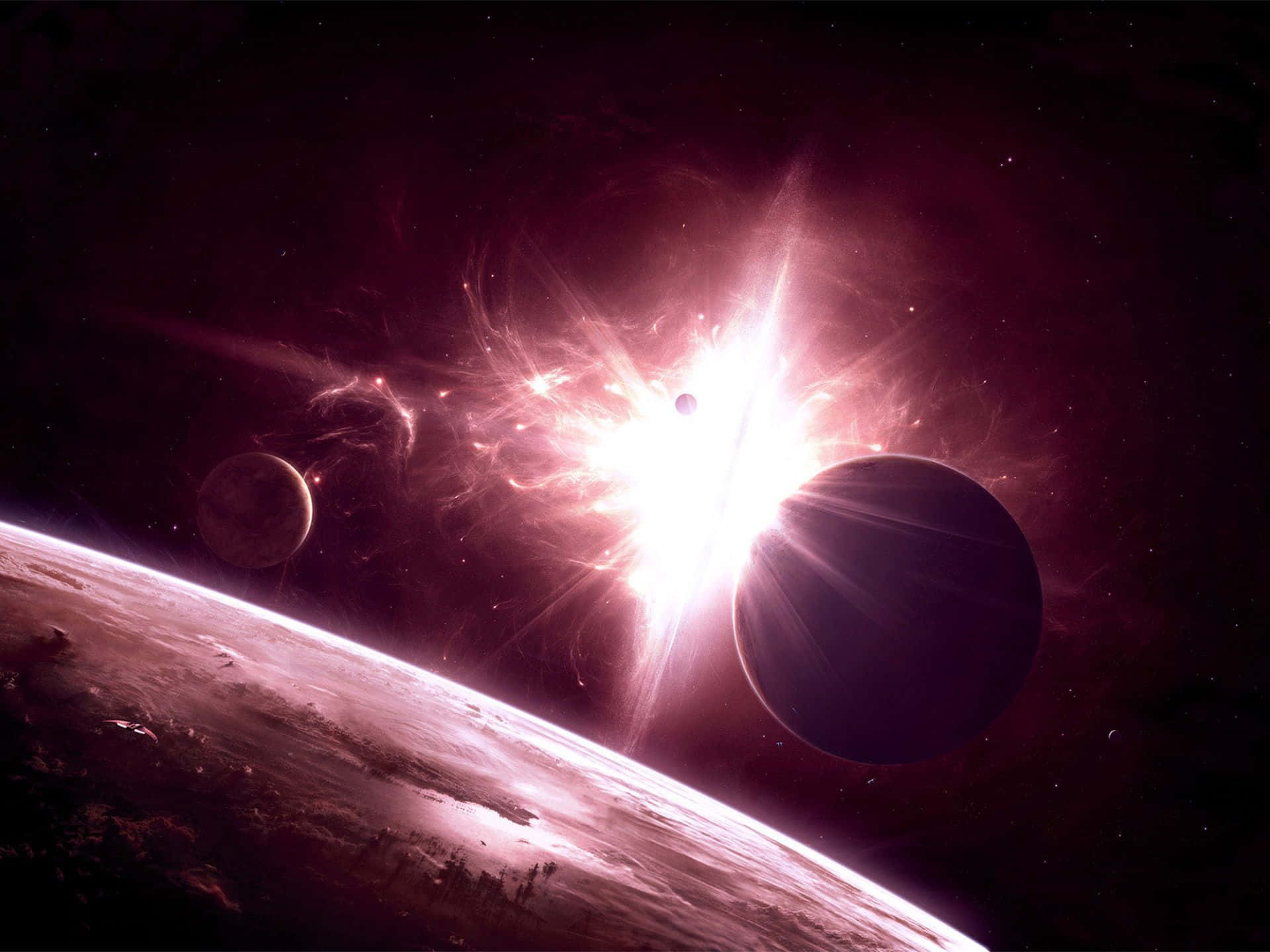 Supernova Explosion 桌布 壁紙 — 一個宇宙場景，明亮的星爆照亮了深紫色和粉紅色色調的行星和星雲。