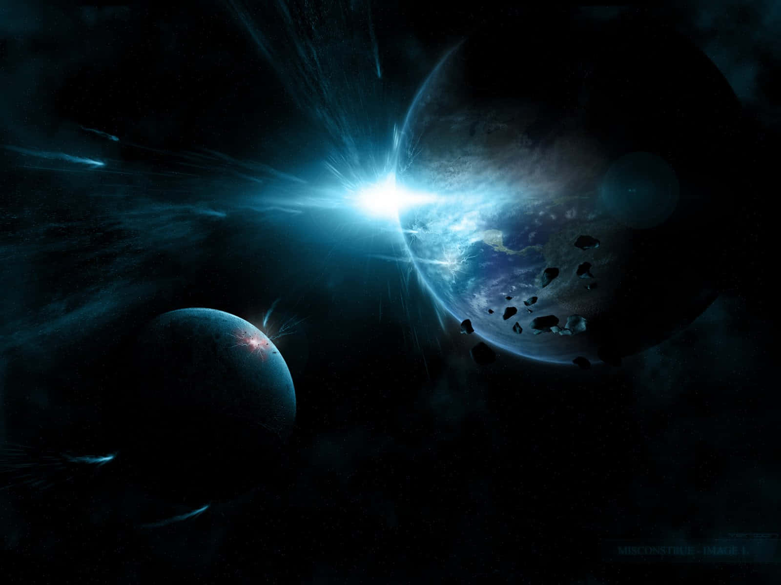 Beautiful Space 桌布 壁紙 — 一個宇宙場景，明亮的藍色星爆照亮了兩顆行星和漂浮的小行星，背景是黑暗星雲。