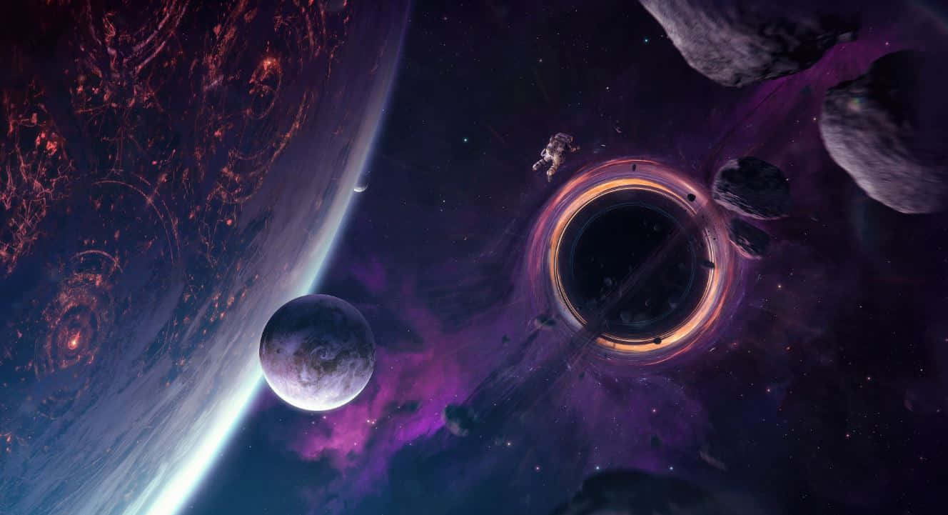 紫色銀河 桌布 壁紙 — 一個宇宙場景，有一個發光的黑洞，周圍有小行星和一顆帶有旋轉紅雲的行星。