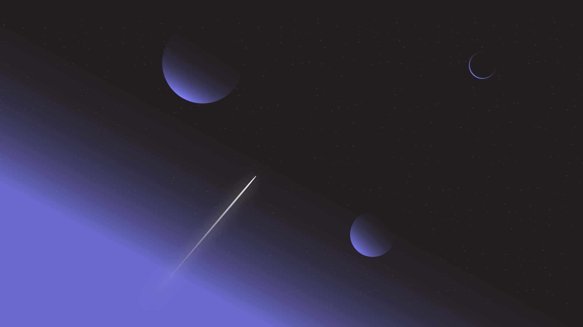 Minimalist Space 桌布 壁紙 — 一個宇宙場景，有三顆紫色行星和一顆明亮的流星劃過繁星點點的夜空。