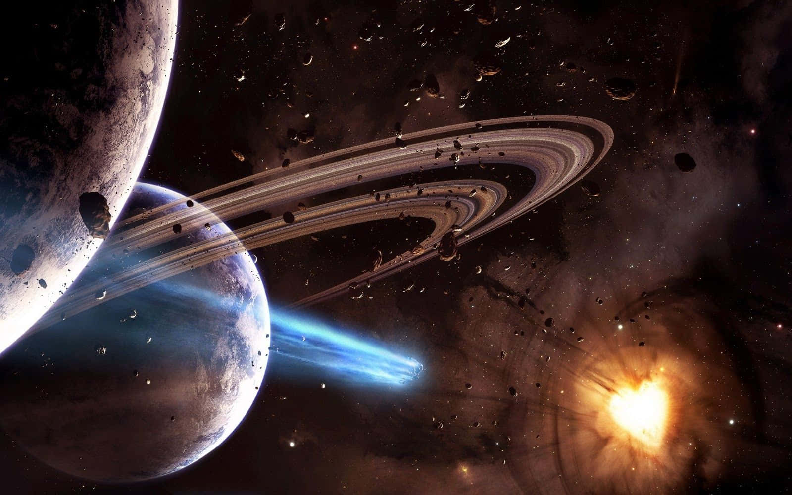 外太空 桌布 壁紙 — 一個宇宙場景，有環狀行星和一顆發光的藍色彗星掠過一顆巨大的月球，背景是星場。