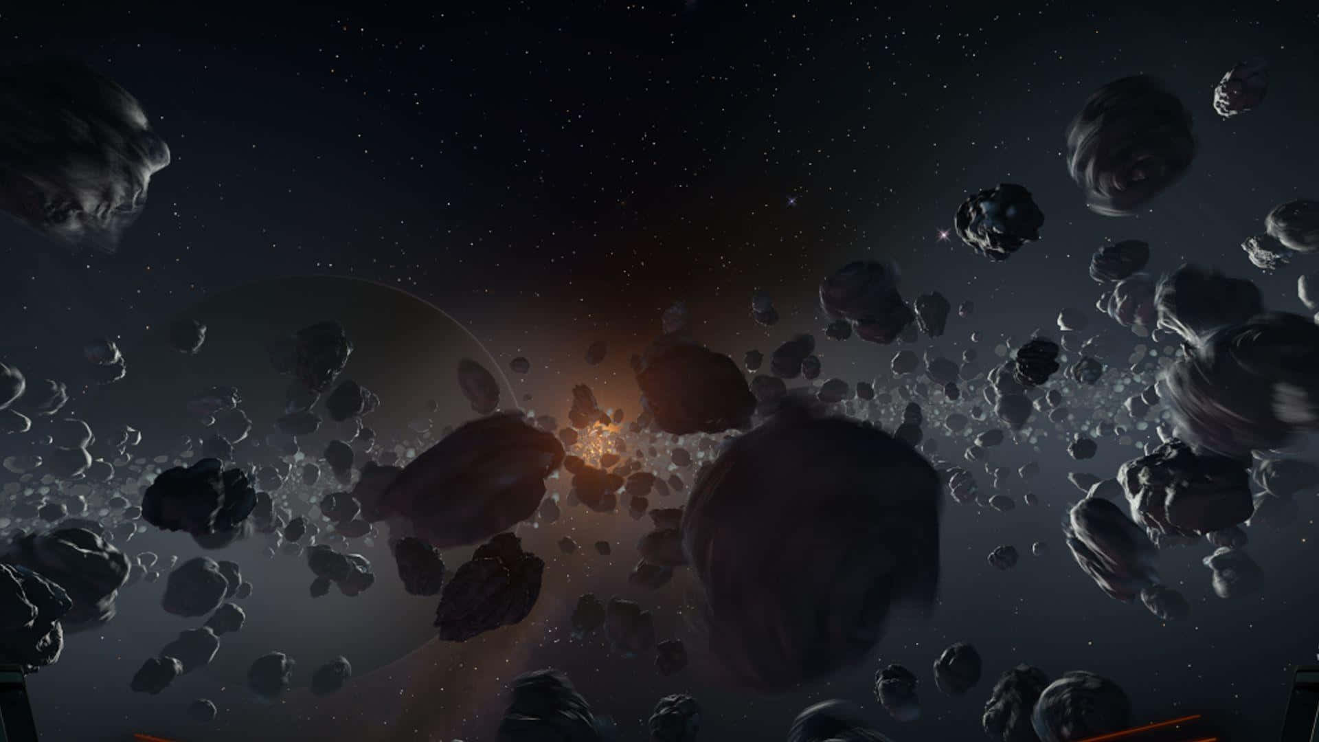 Asteroid 桌布 壁紙 — 一個宇宙場景，漂浮的小行星和發光的星雲，背景是繁星點點的黑暗天空。