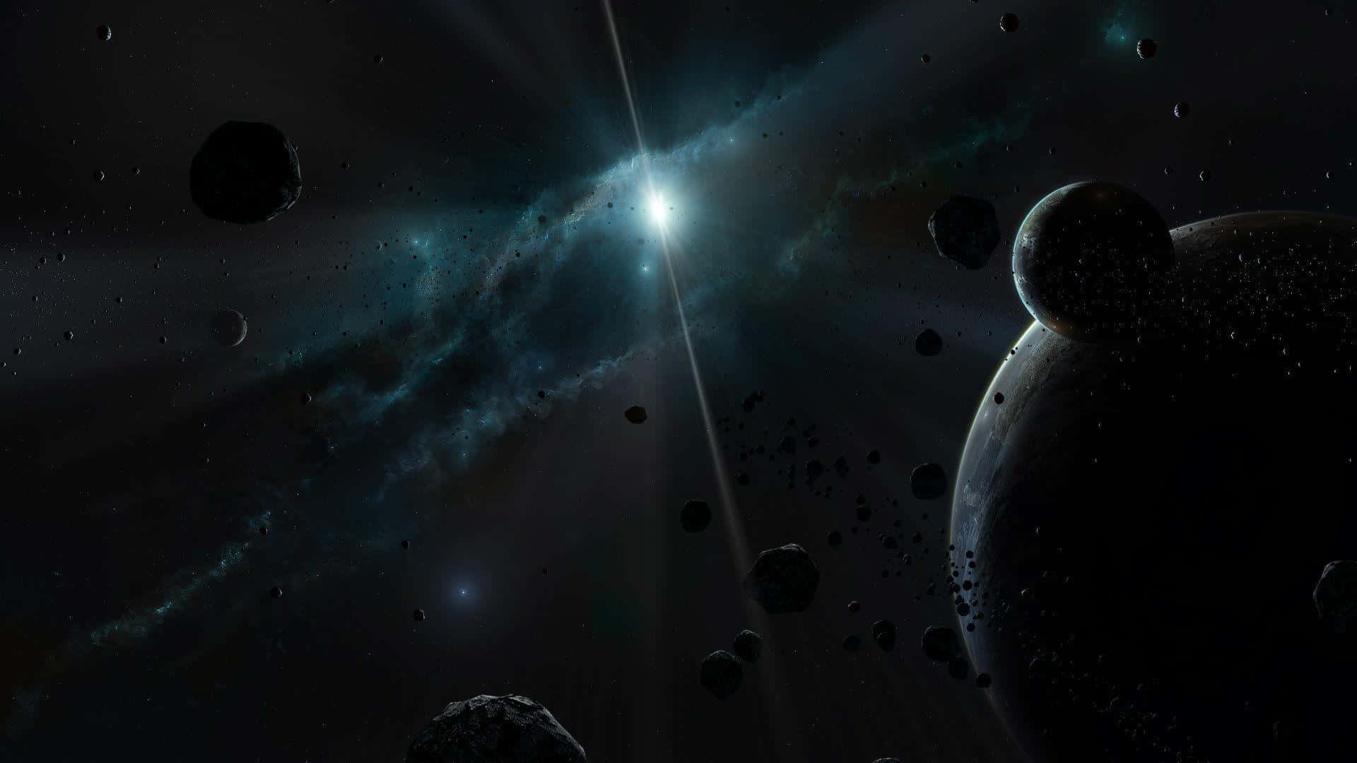 Quasar 桌布 壁紙 — 一個宇宙場景，發光的星雲和漂浮的小行星被深空中一顆明亮的星星照亮。