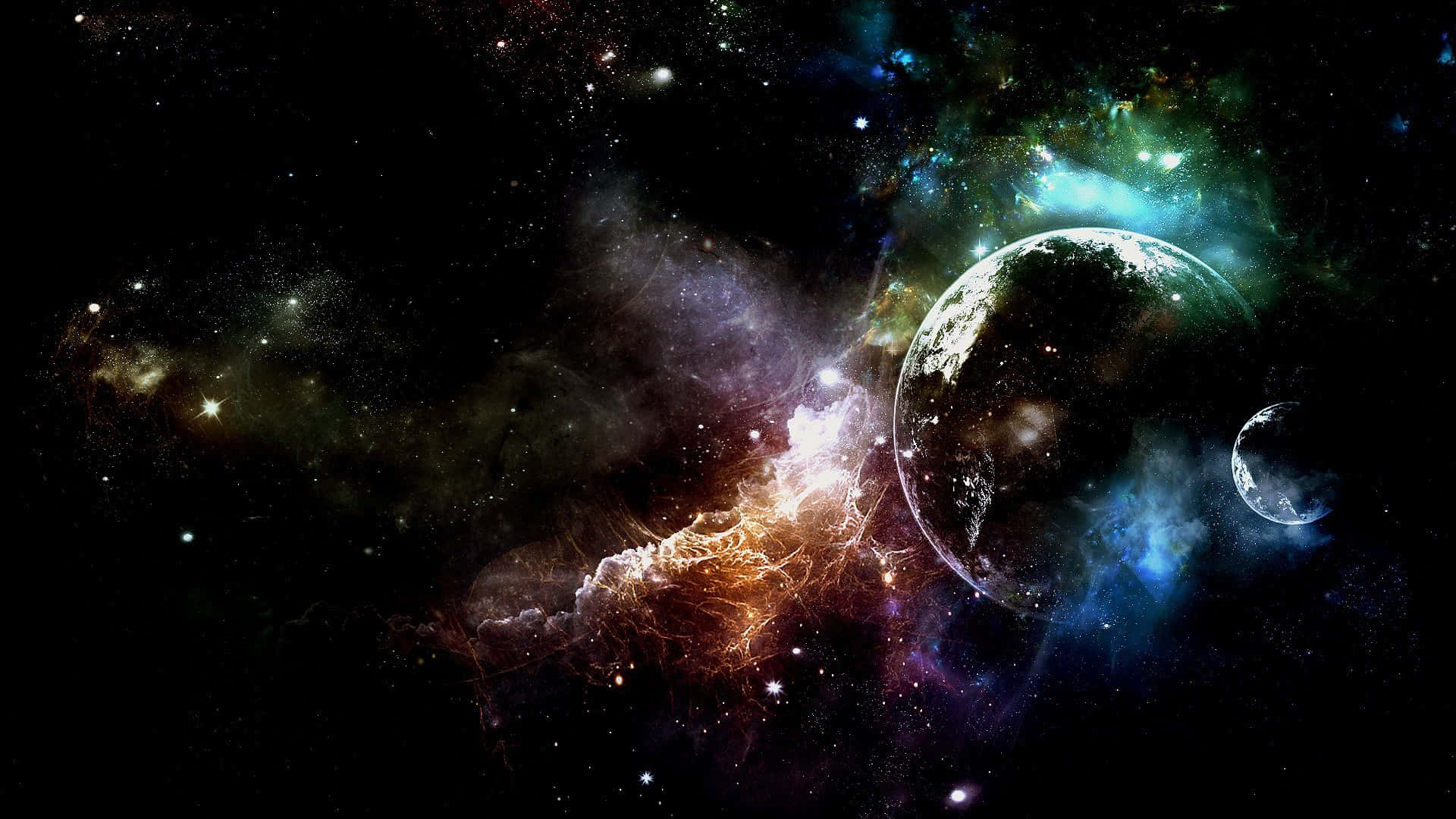 Beautiful Space 桌布 壁紙 — 一個宇宙場景，發光的星雲在行星周圍旋轉，背景是充滿星光的黑色虛空。