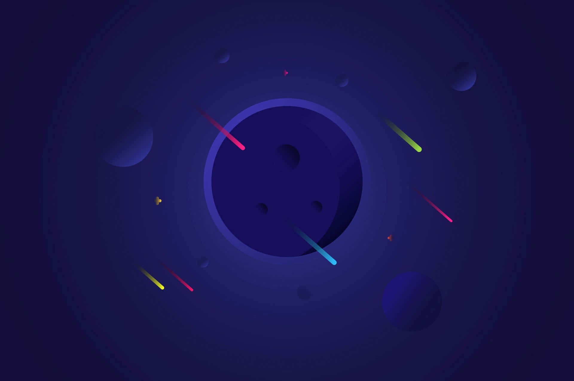 Minimalist Colorful 桌布 壁紙 — 一個宇宙場景，發光的條紋和球體漂浮在深藍色太空中。