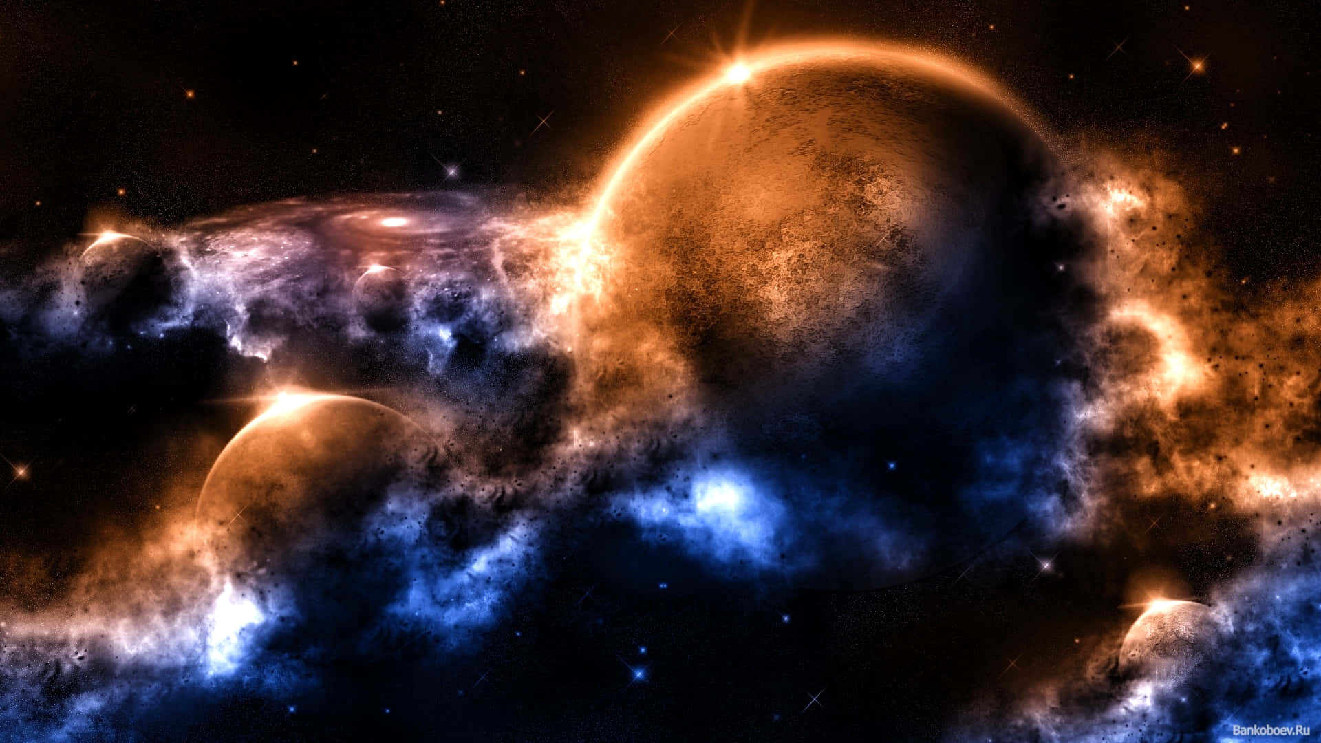 Cosmic Rays 桌布 壁紙 — 一個宇宙場景，發光的橙色行星和旋轉的藍色星雲，背景是繁星點點的黑色虛空。