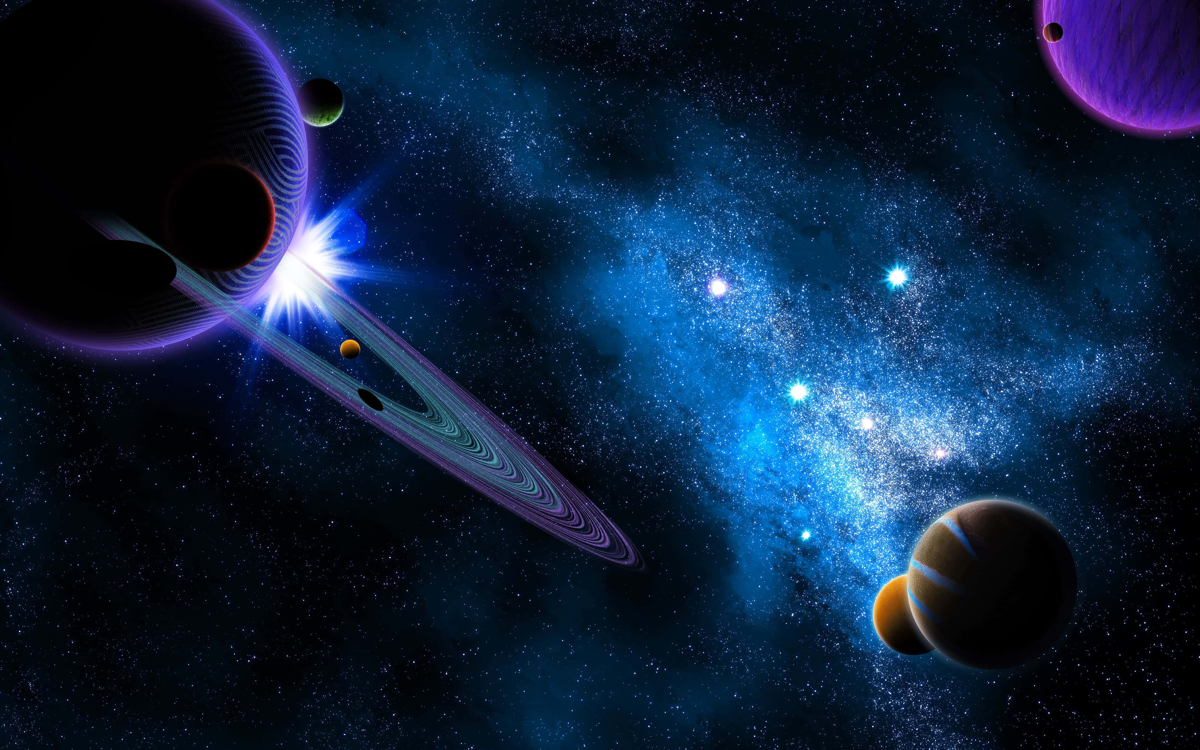 Galaxy Themed Paintings 桌布 壁紙 — 一個宇宙場景，發光的藍色星雲和色彩繽紛的行星圍繞著一顆明亮的恆星運行，背景是繁星點點的虛空。