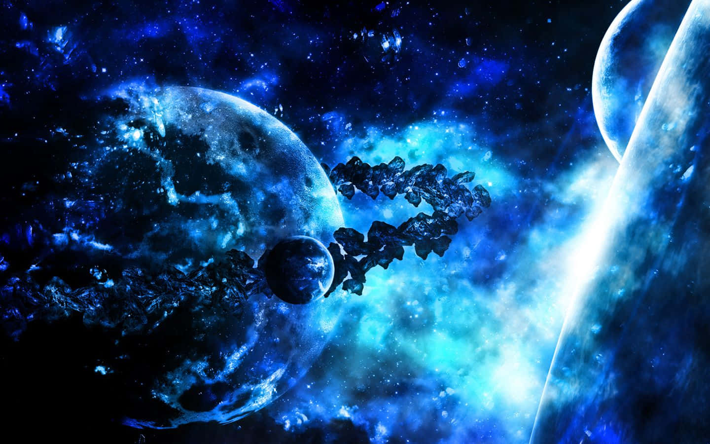 Cool Space 桌布 壁紙 — 一個宇宙場景，發光的藍色星雲和行星被漂浮在深空中的小行星包圍。
