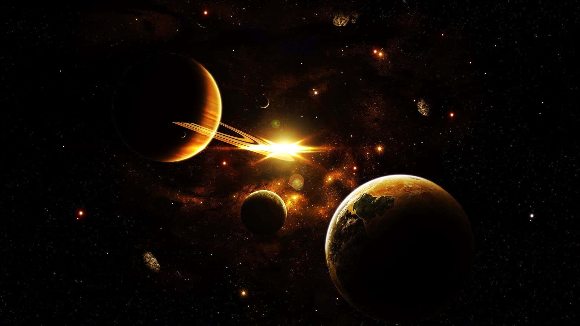 Universe 桌布 壁紙 — 一個宇宙場景，發光的行星和環在星光點點的黑色虛空背景下，被一個光芒四射的中央星爆照亮。
