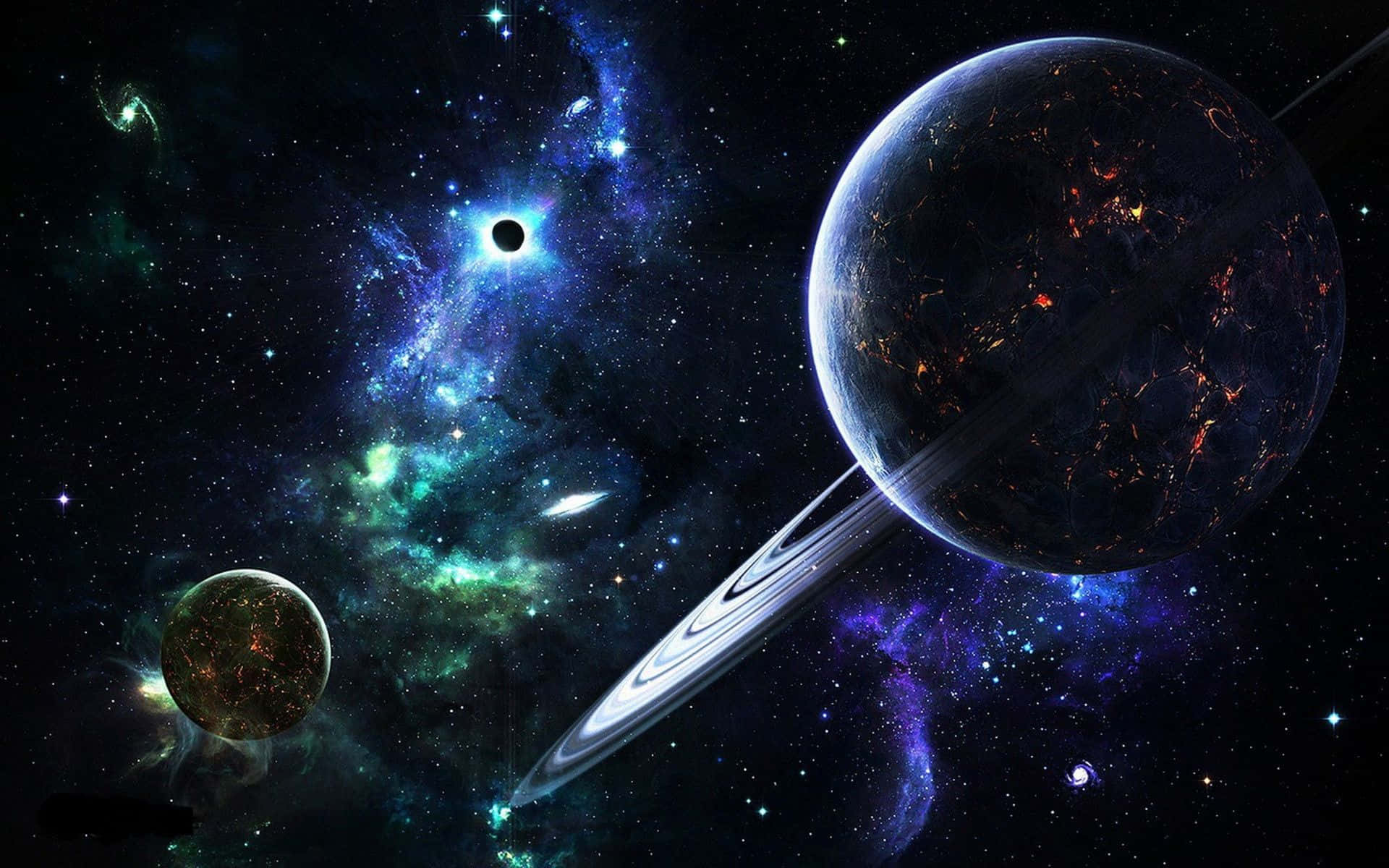 Cartoon Sci-fi 桌布 壁紙 — 一個宇宙場景，發光的行星和環繞其運行的光環靠近一個充滿恆星和遙遠天體的鮮豔星雲。