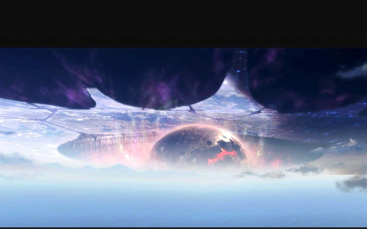 Halo Ark 桌布 壁紙 — 一個宇宙場景，發光的行星從雲層中浮現，下方是巨大的紫色星雲和星空。