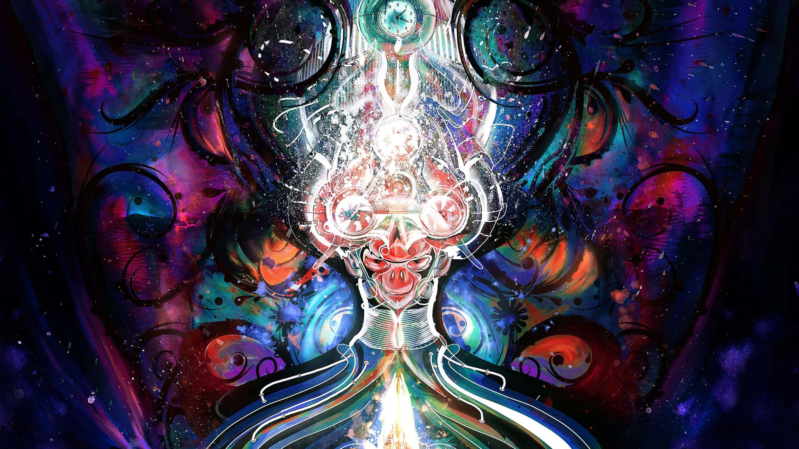 Psychedelic 3d Art 桌布 壁紙 — 一個宇宙數碼藝術人物，擁有發光的眼睛和輻射能量爆發，背景是紫色、藍色和紅色的旋轉星雲。