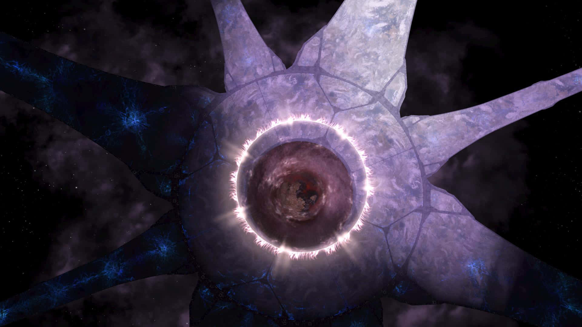 Halo Ark 桌布 壁紙 — 一個宇宙星狀結構，帶有發光的紫色臂和光芒四射的核心，背景是繁星點點的虛空。