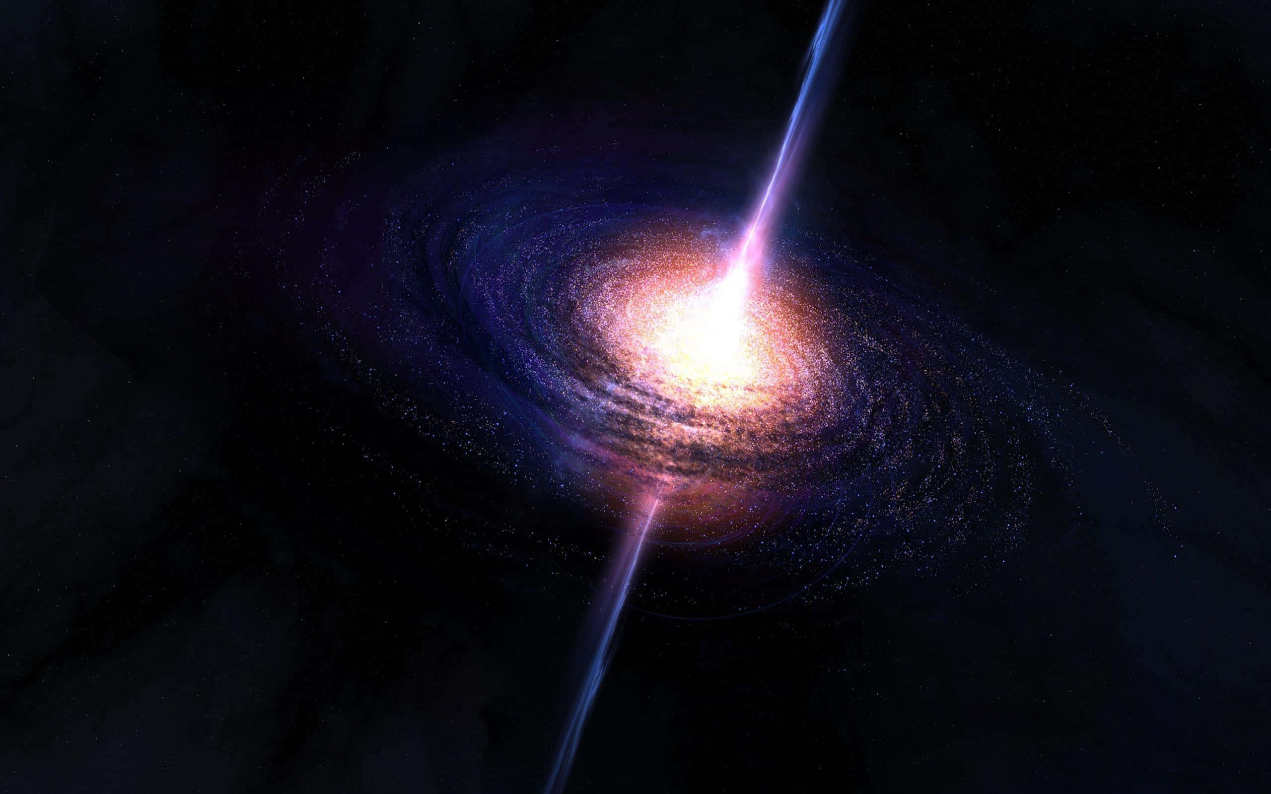 Quasar 桌布 壁紙 — 一個宇宙星系，帶有旋轉的紫色和橙色旋臂，在佈滿星空的黑色虛空中發出明亮的光束。