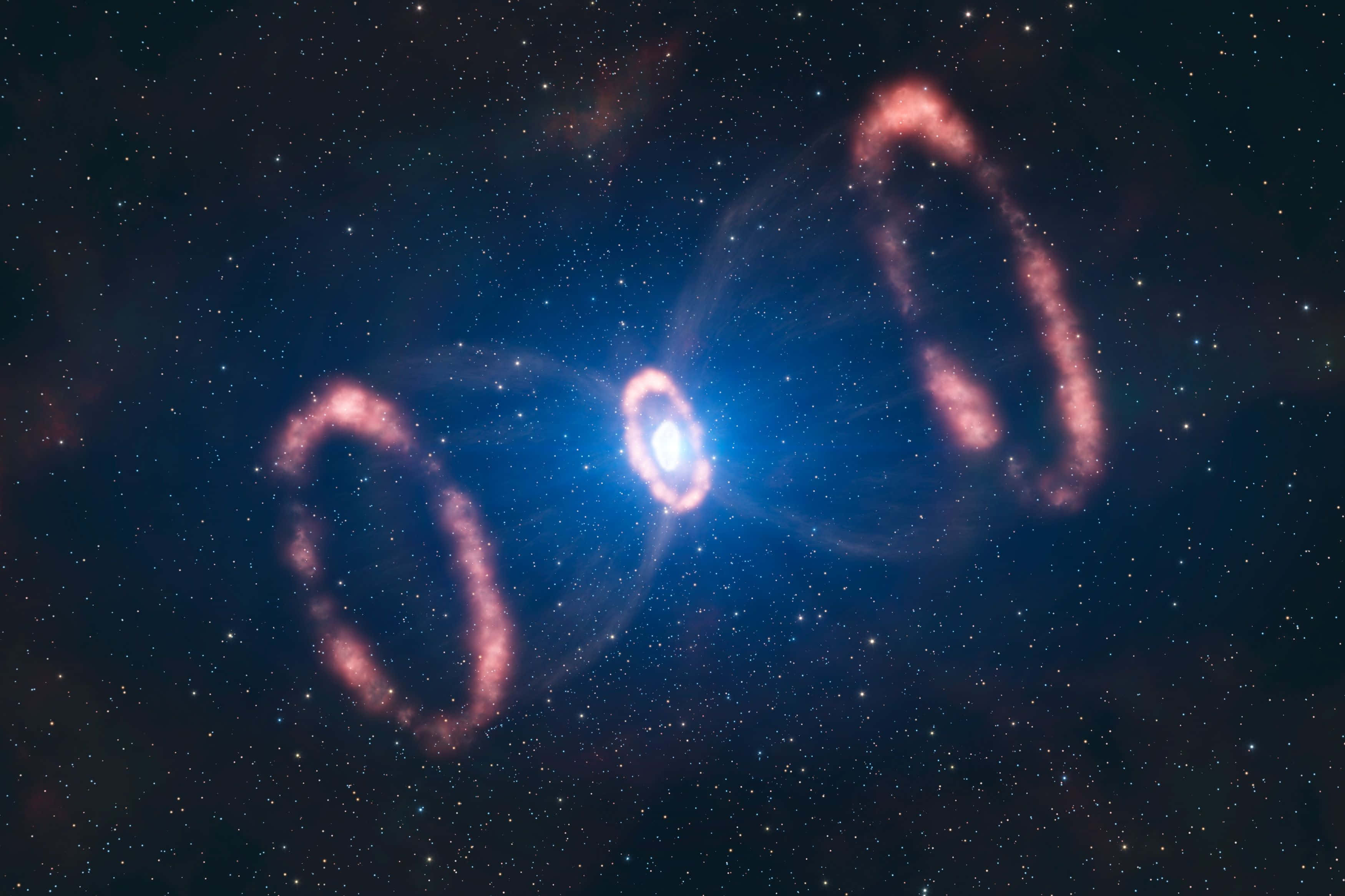 Supernova Explosion 桌布 壁紙 — 一個宇宙星雲，帶有發光的粉紅色環和明亮的藍色核心，在星空中輻射。