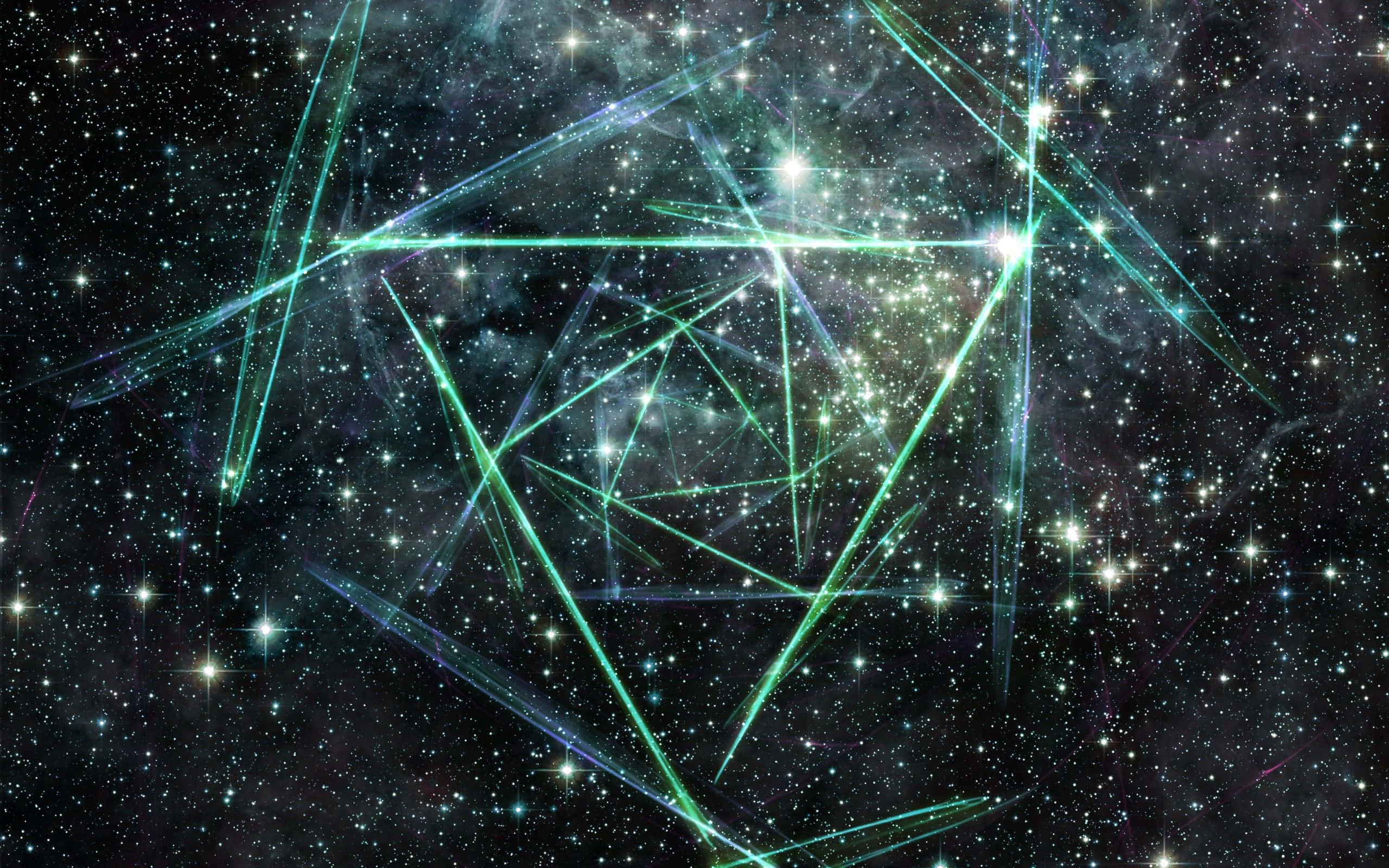 Green Galaxy 桌布 壁紙 — 一個宇宙星雲，帶有發光的綠色激光狀線條，在星空中形成幾何星座。