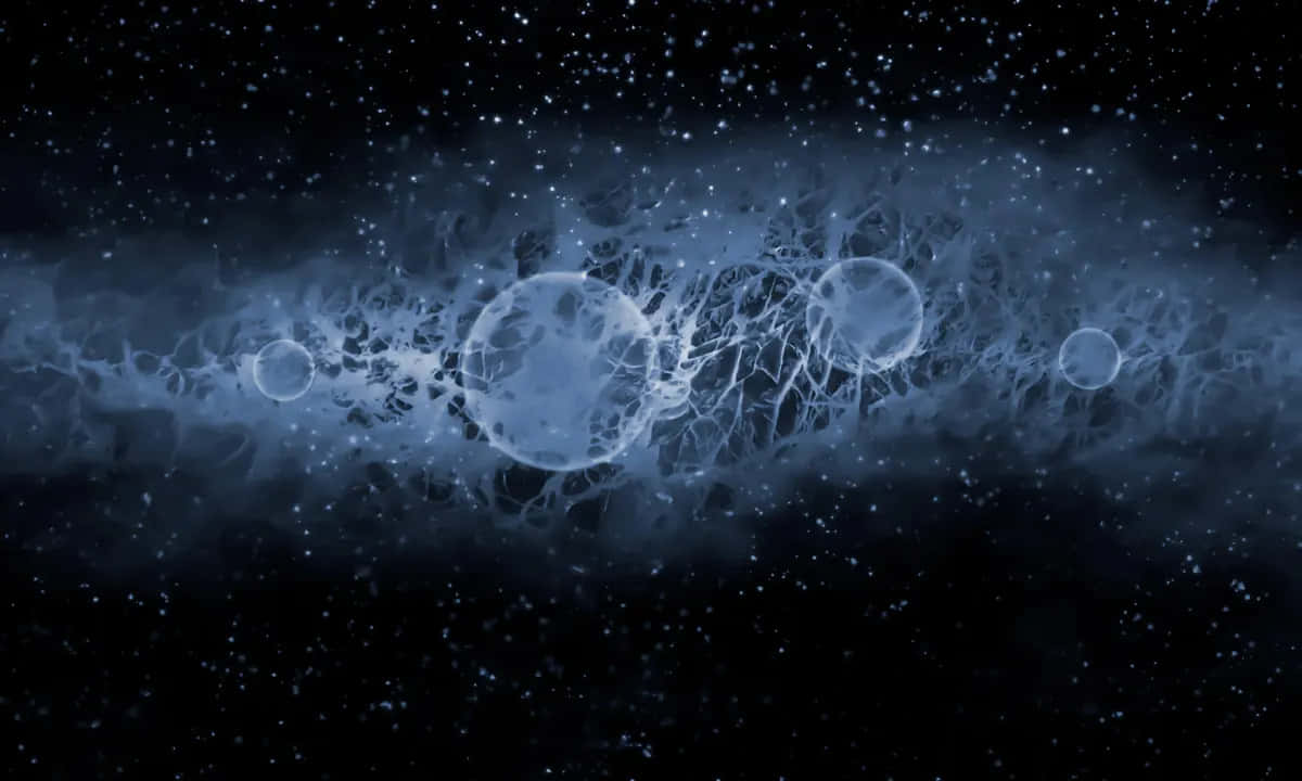 Dark Energy 桌布 壁紙 — 一個宇宙星雲，帶有發光的藍色球體和細絲狀結構，在深空的星場中飄移。