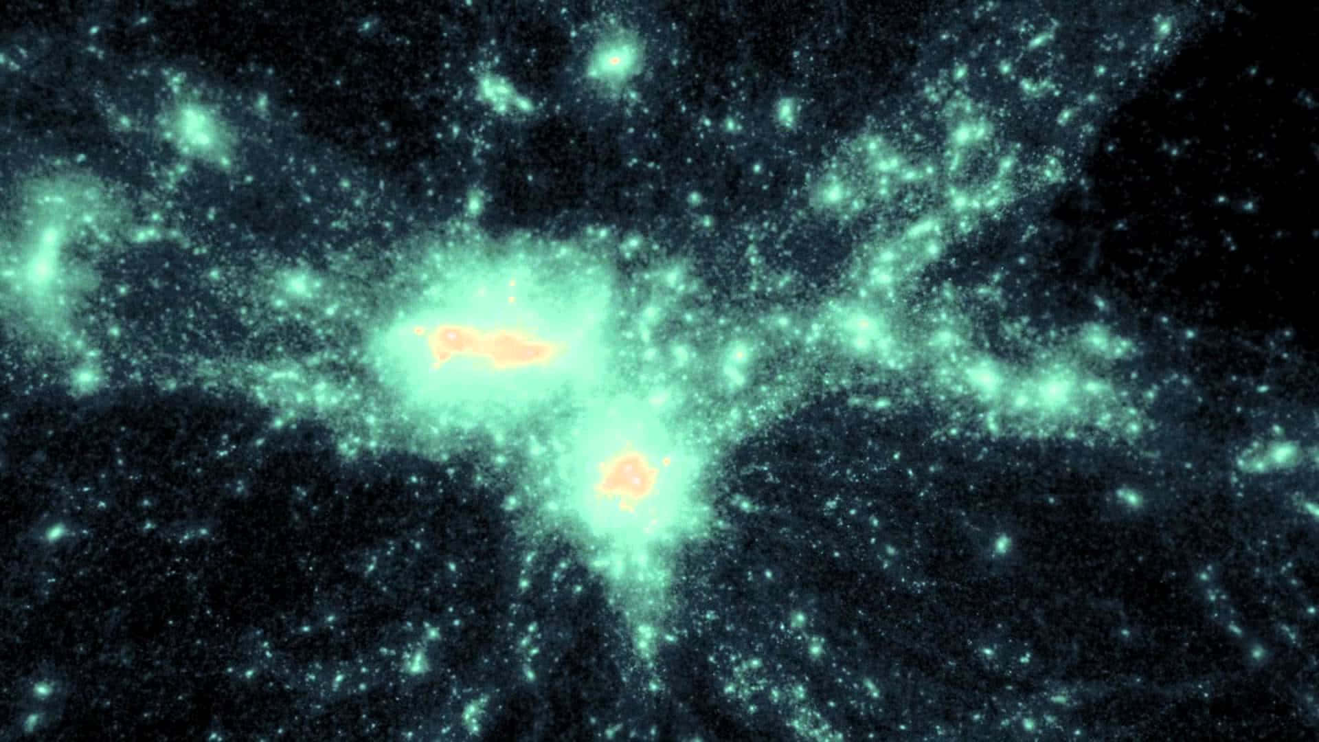 dark matter 桌布 壁紙 — 一個宇宙星雲喺佈滿星星嘅黑色虛空中發出鮮艷嘅青綠色同橙色光芒。