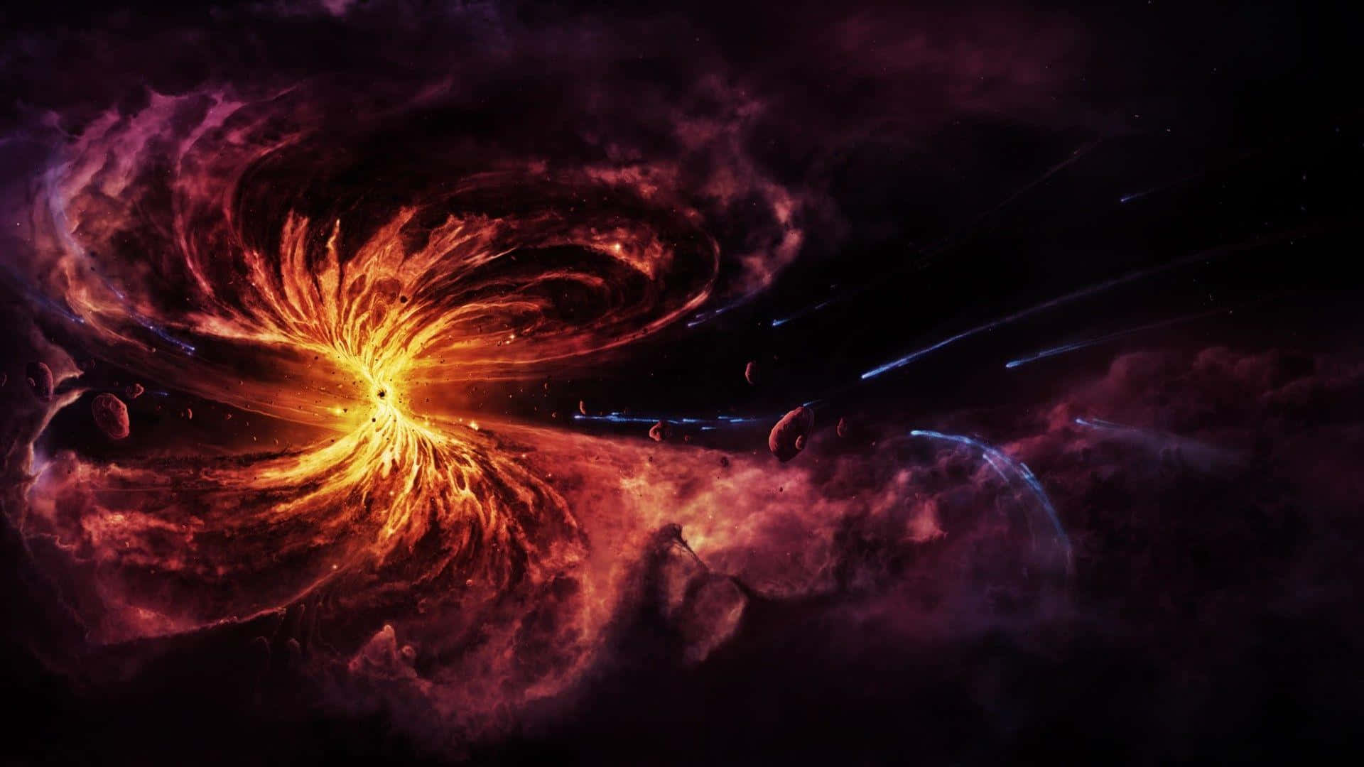 Quasar 桌布 壁紙 — 一個宇宙星雲圍繞著一個光芒四射的中心星爆，翻騰著火橙色和深紫色的氣體。