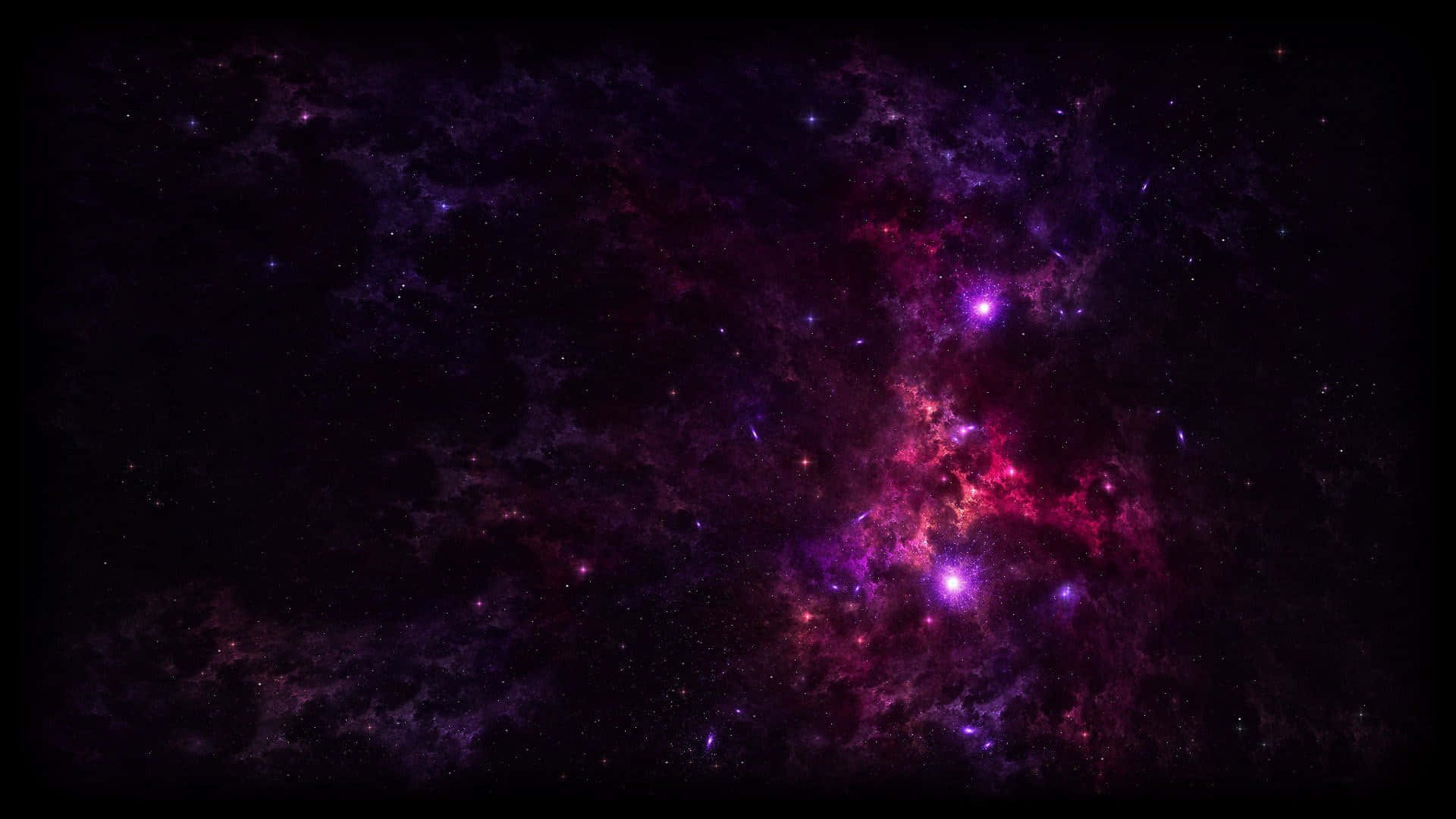 紫色銀河 桌布 壁紙 — 一個宇宙星雲在佈滿星星的黑色虛空中旋轉，帶有鮮豔的紫色和粉紅色氣體。