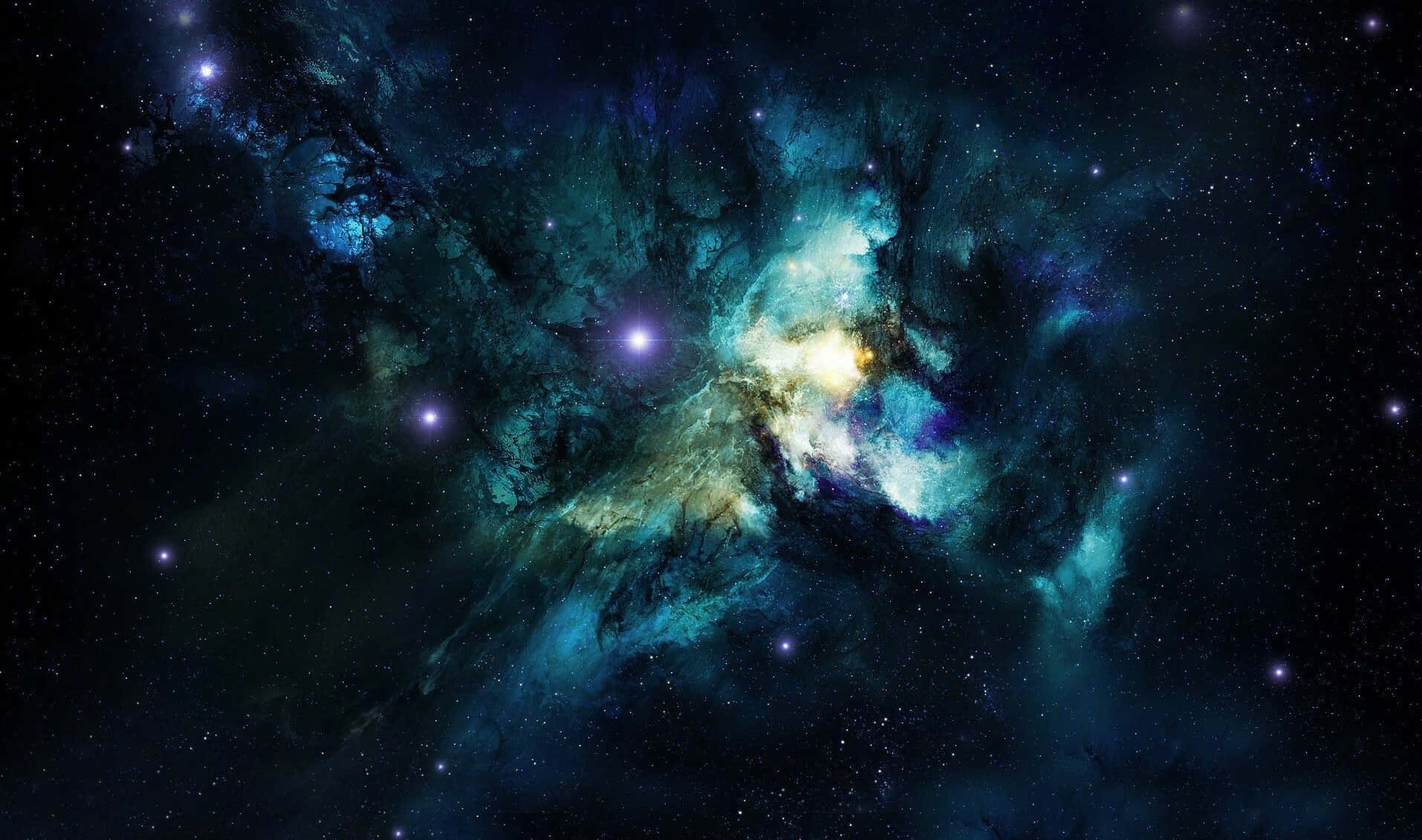 星雲 桌布 壁紙 — 一個宇宙星雲在佈滿星星的黑色虛空中旋轉，散發著充滿活力的青綠色和金色氣體。